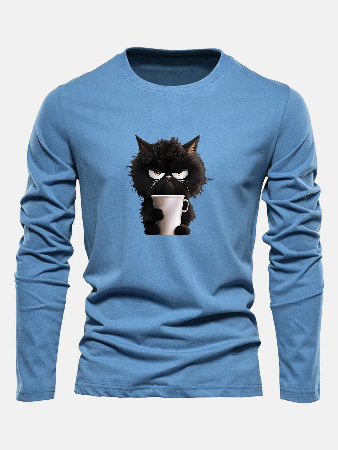 Langarm Schwarze Katze Kaffee trinkend Druck Baumwoll T-Shirt - Image 10