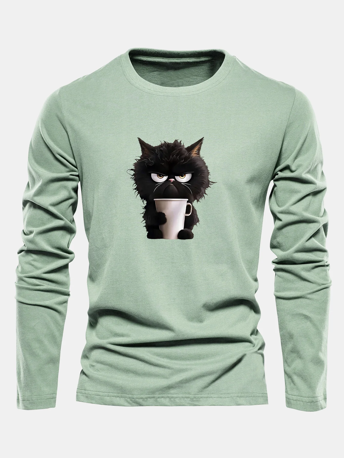 Langarm Schwarze Katze Kaffee trinkend Druck Baumwoll T-Shirt - Image 11