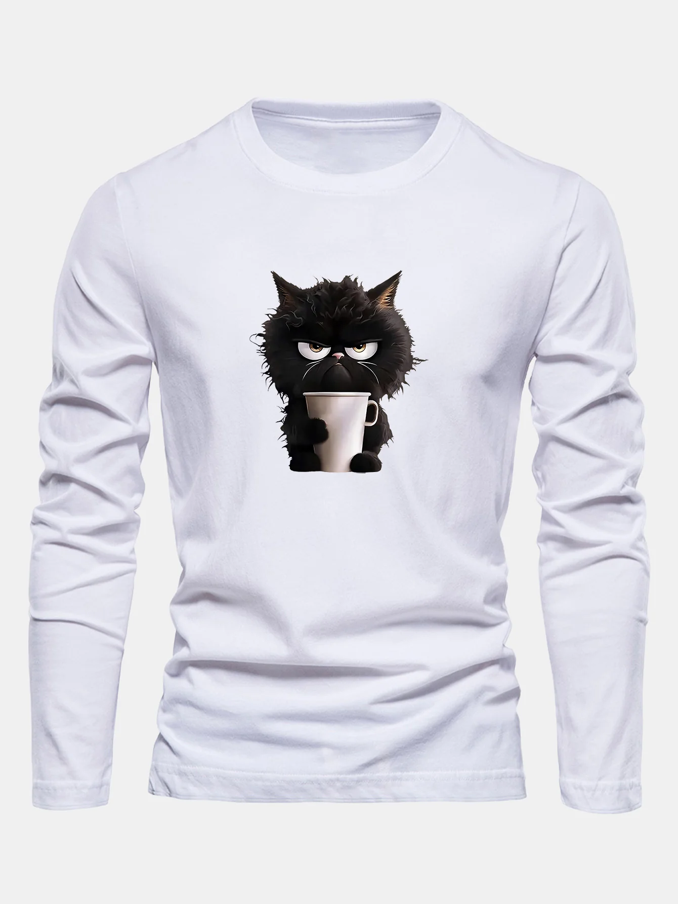 Langarm Schwarze Katze Kaffee trinkend Druck Baumwoll T-Shirt - Image 2