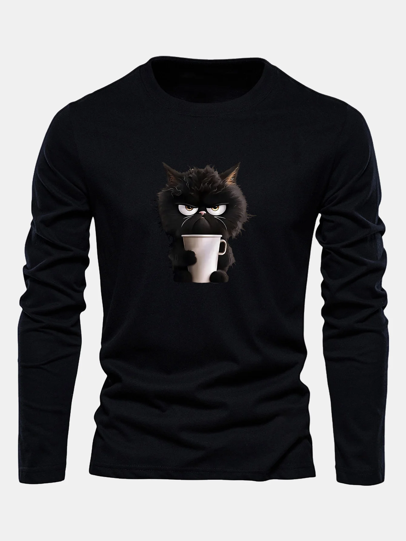 Langarm Schwarze Katze Kaffee trinkend Druck Baumwoll T-Shirt - Image 3