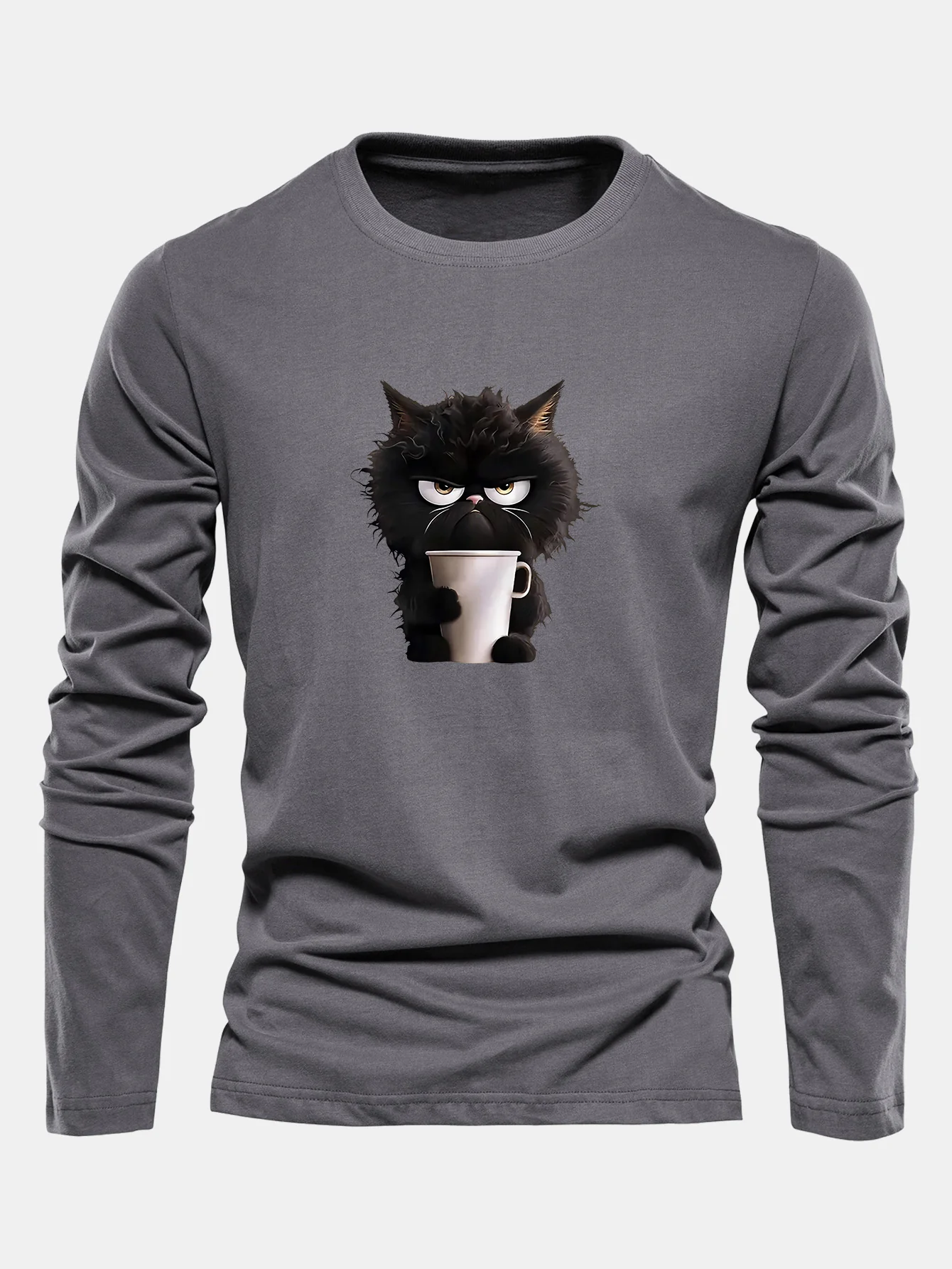 Langarm Schwarze Katze Kaffee trinkend Druck Baumwoll T-Shirt - Image 4