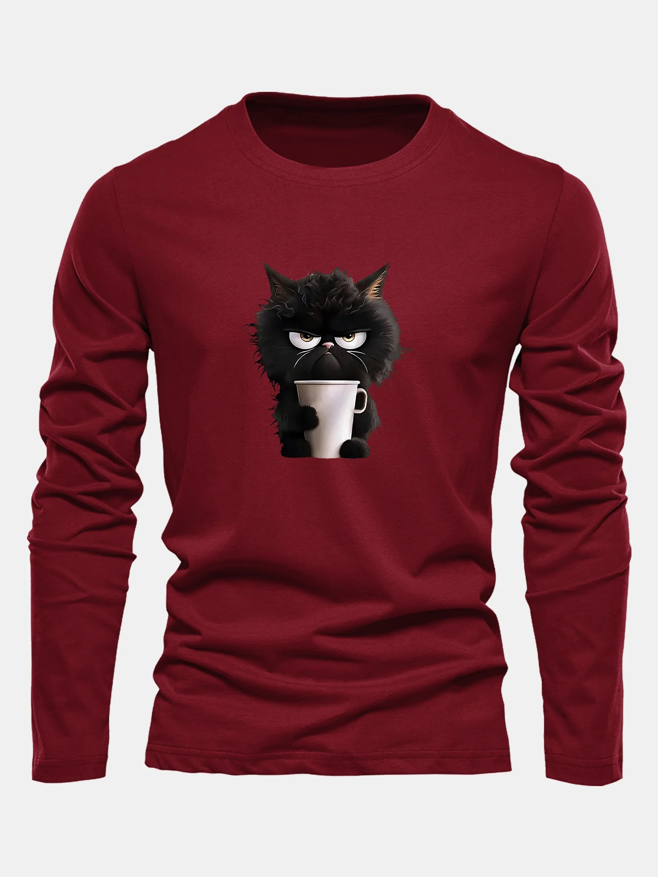Langarm Schwarze Katze Kaffee trinkend Druck Baumwoll T-Shirt - Image 5