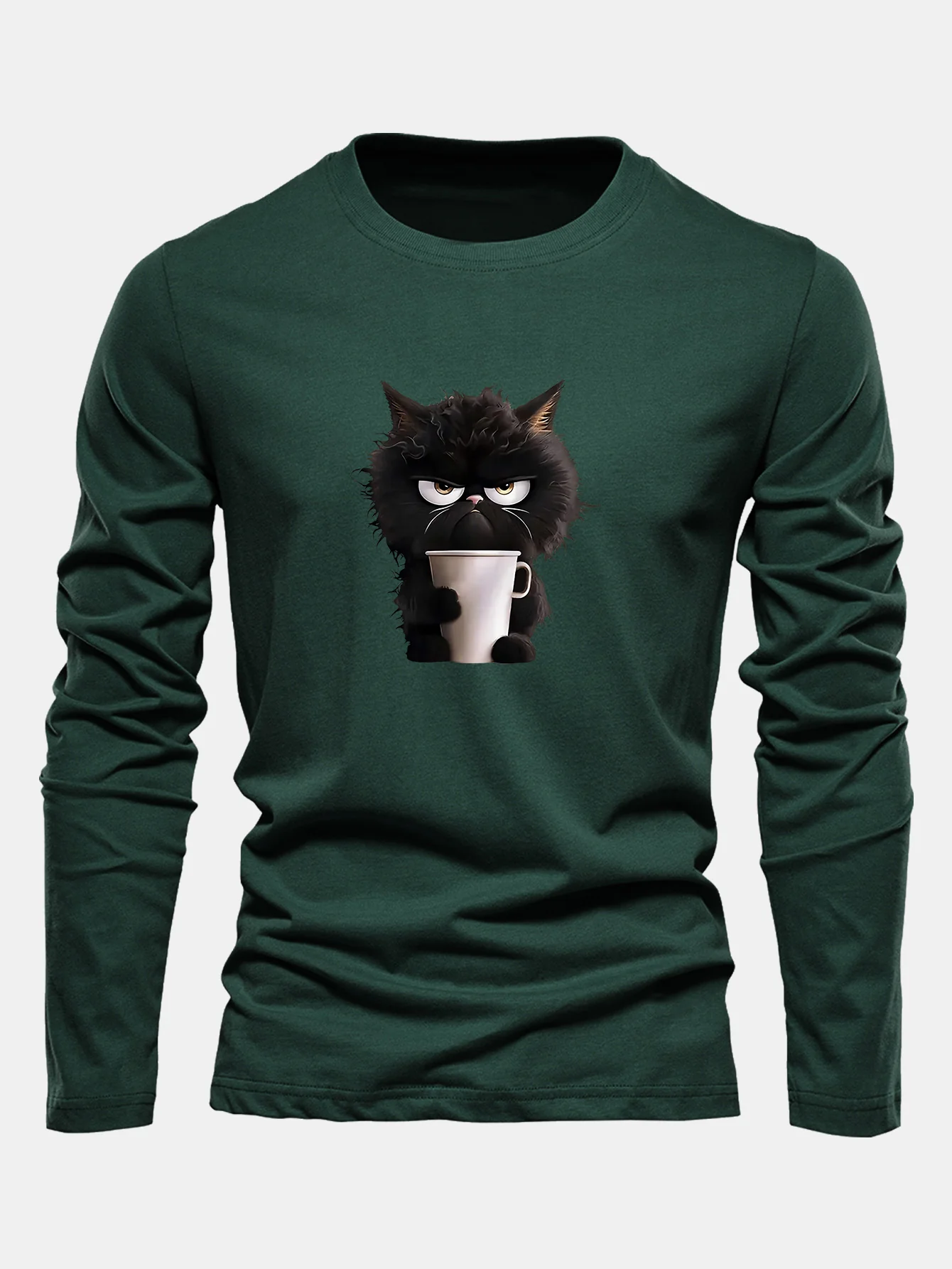 Langarm Schwarze Katze Kaffee trinkend Druck Baumwoll T-Shirt - Image 6
