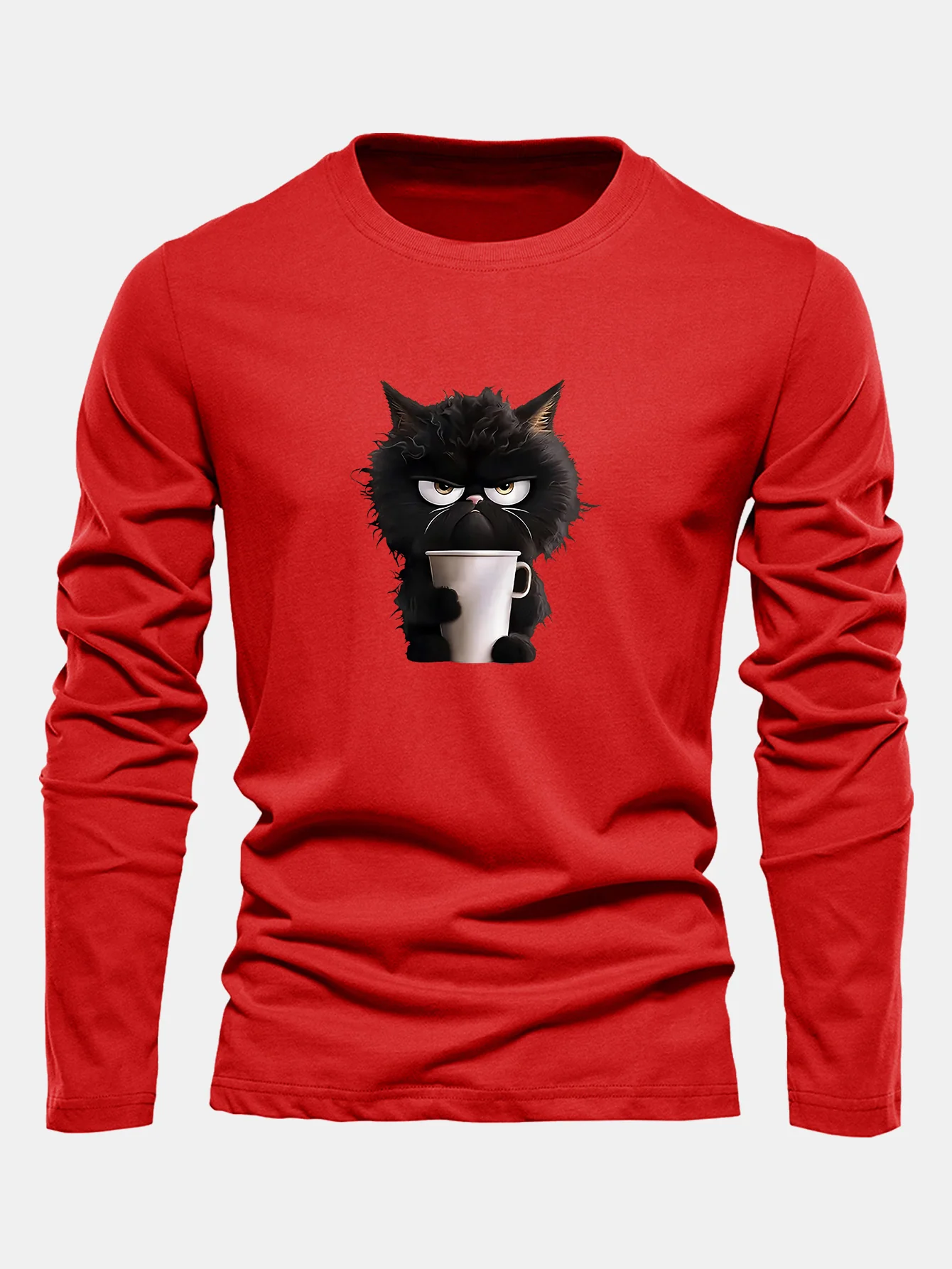 Langarm Schwarze Katze Kaffee trinkend Druck Baumwoll T-Shirt - Image 7