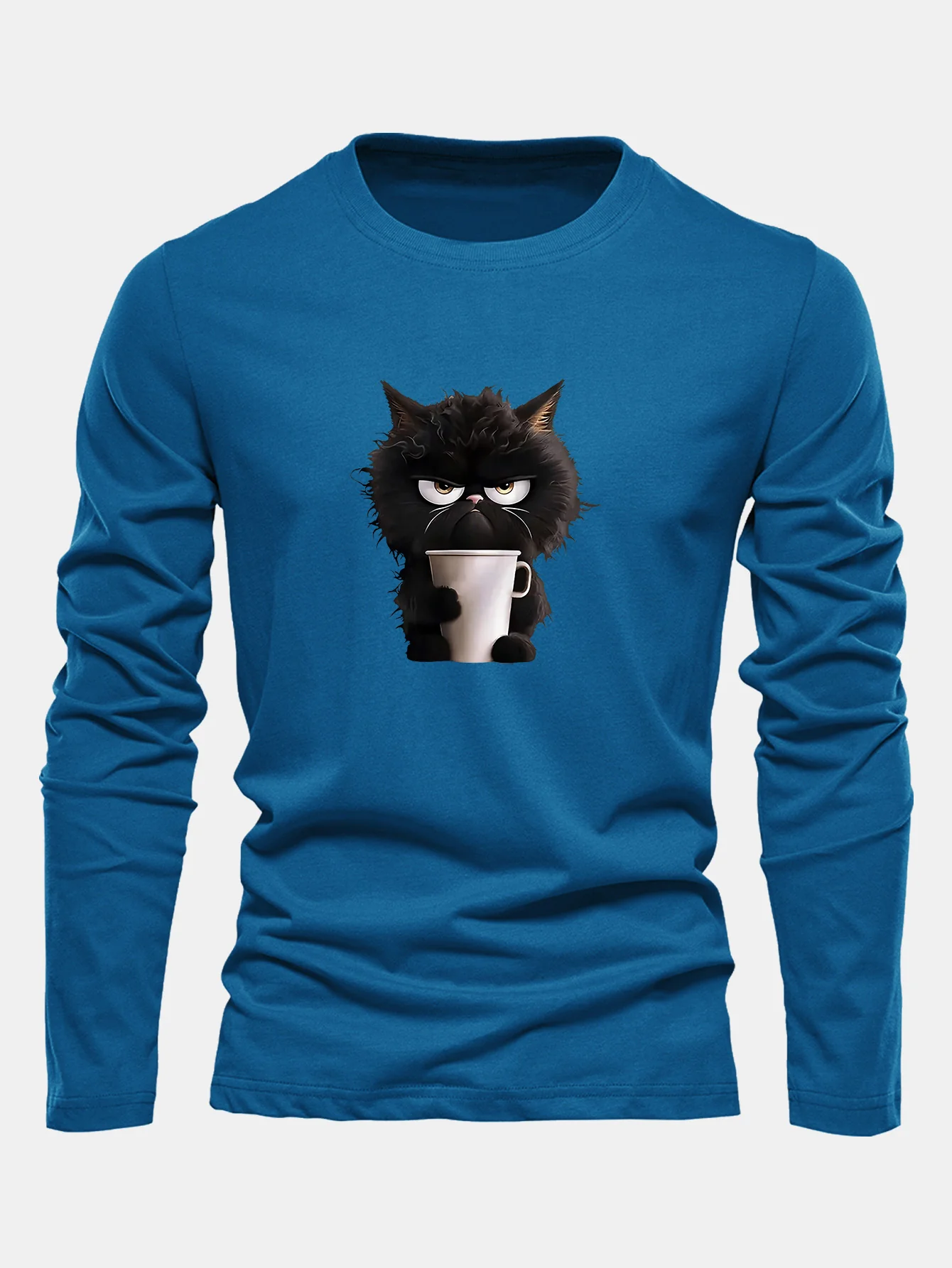 Langarm Schwarze Katze Kaffee trinkend Druck Baumwoll T-Shirt - Image 8