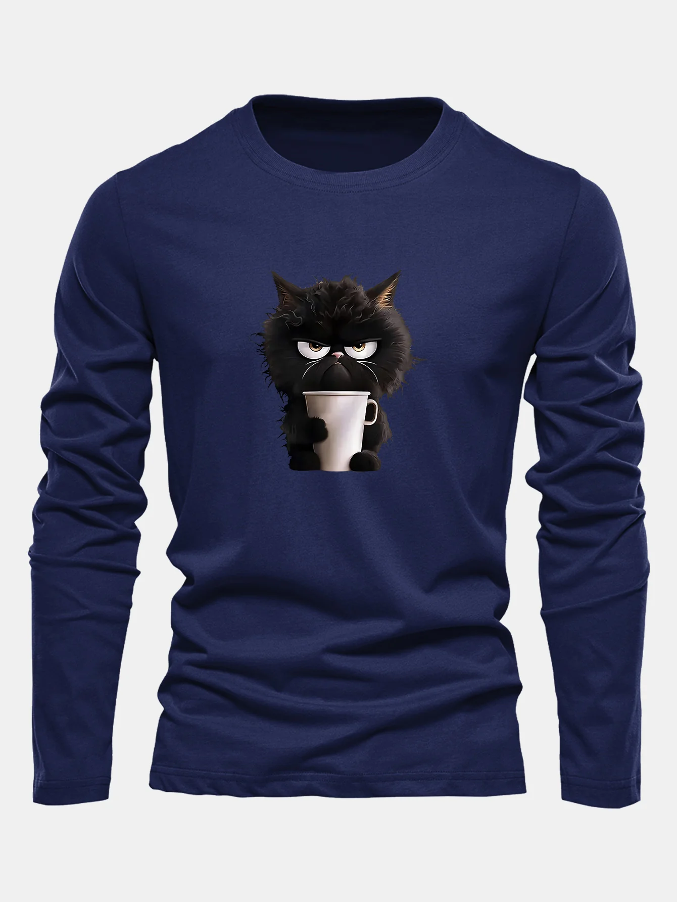 Langarm Schwarze Katze Kaffee trinkend Druck Baumwoll T-Shirt - Image 9