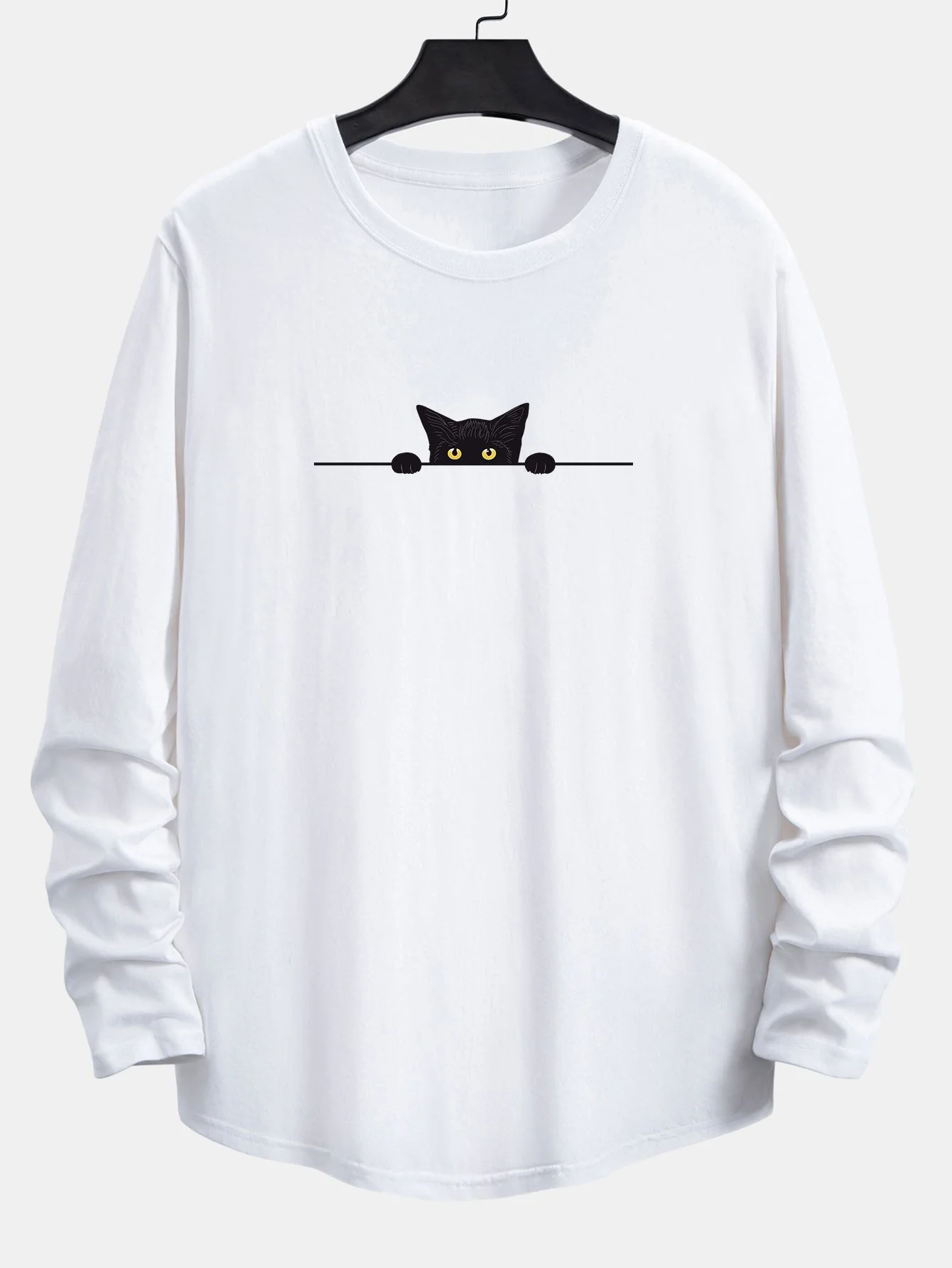 Langarm T-Shirt mit schwarzer Katzenprint aus Baumwolle und abgerundetem Saum - Image 3