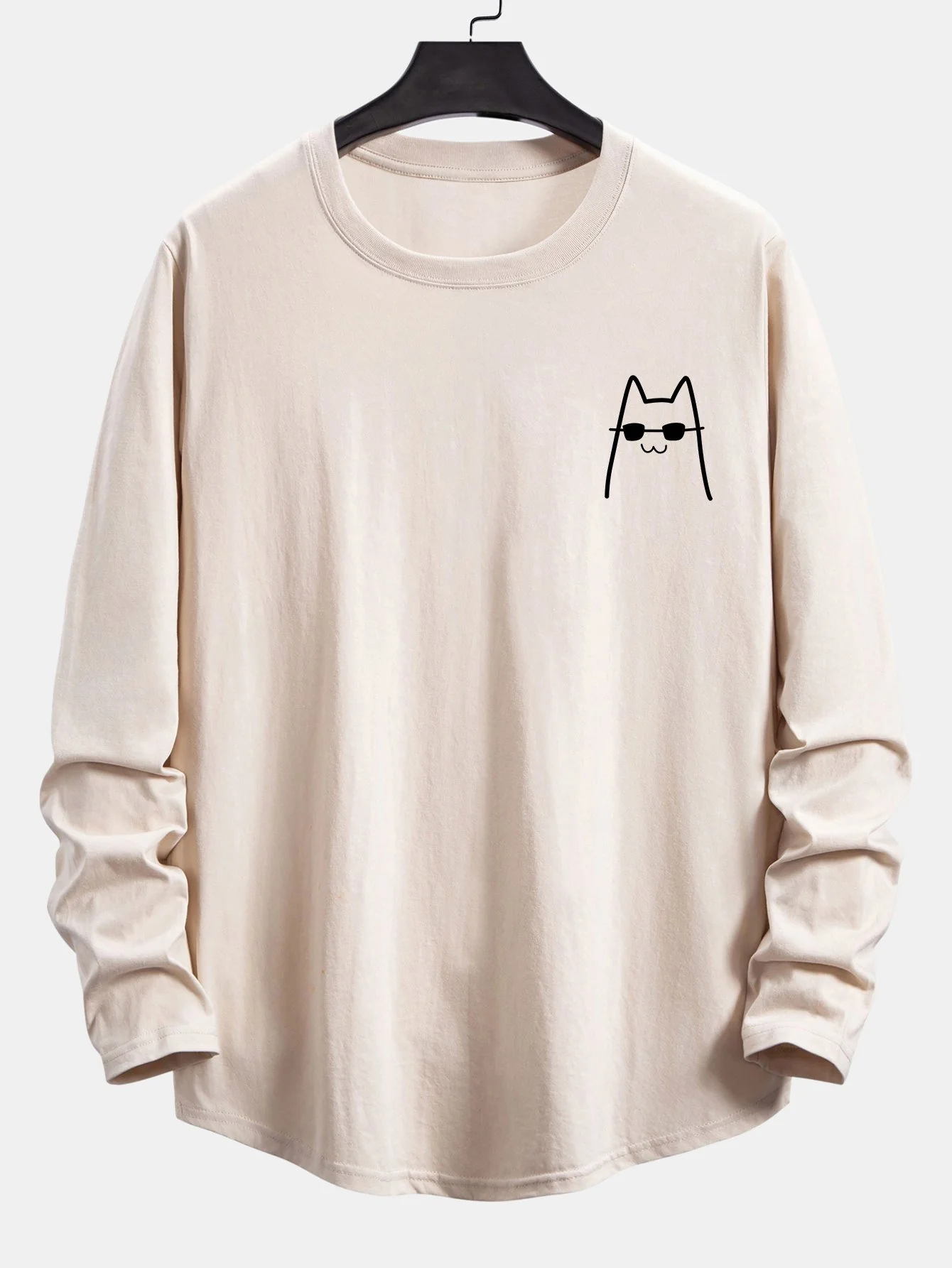 Langarmkatze mit Sonnenbrille Druck Baumwolle Bogen Saum T-Shirt - Image 3