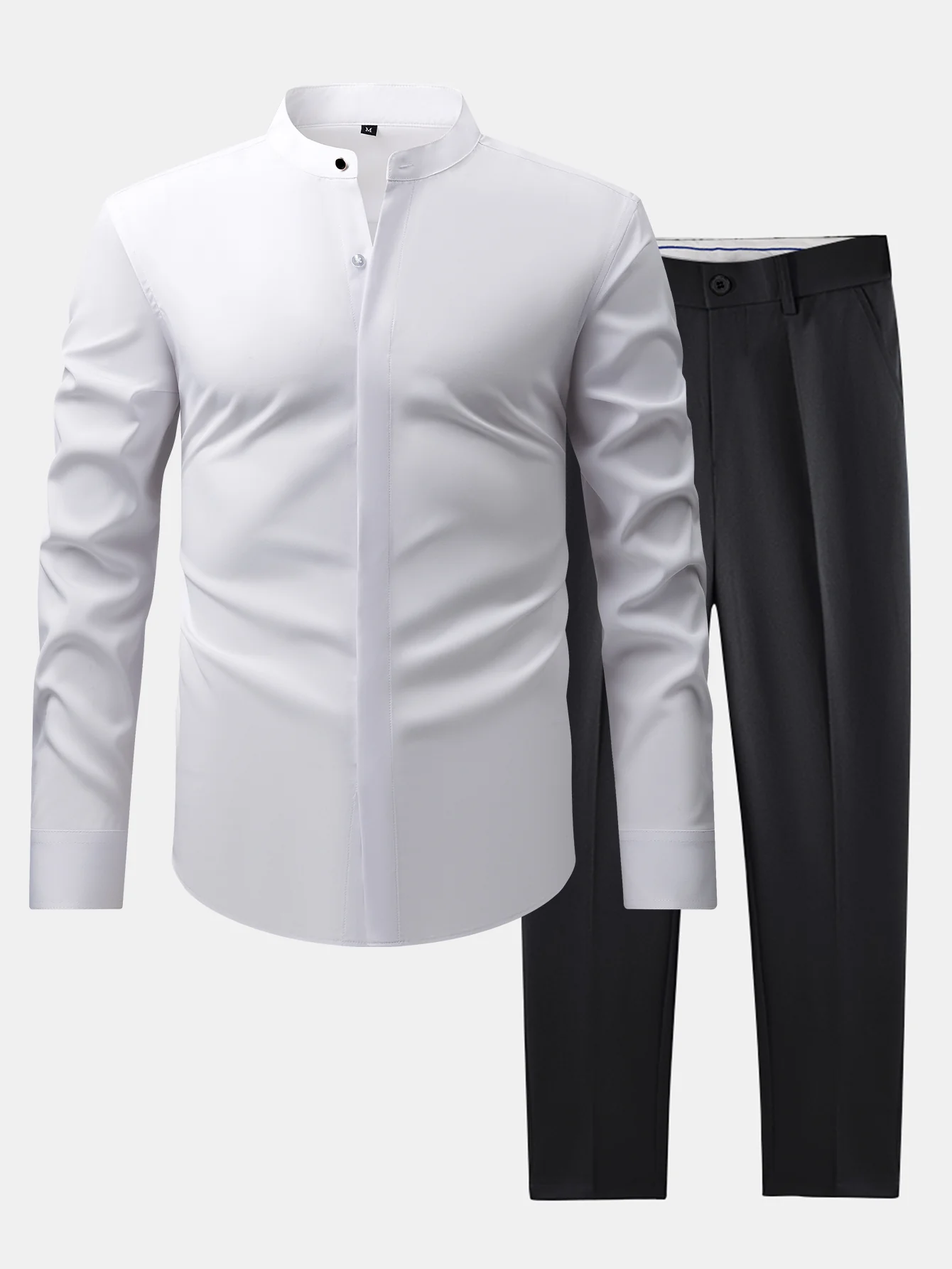 Hemd mit Stehkragen, verdeckter Knopfleiste und bügelfrei & schmal geschnittene, konisch zulaufende Hose
