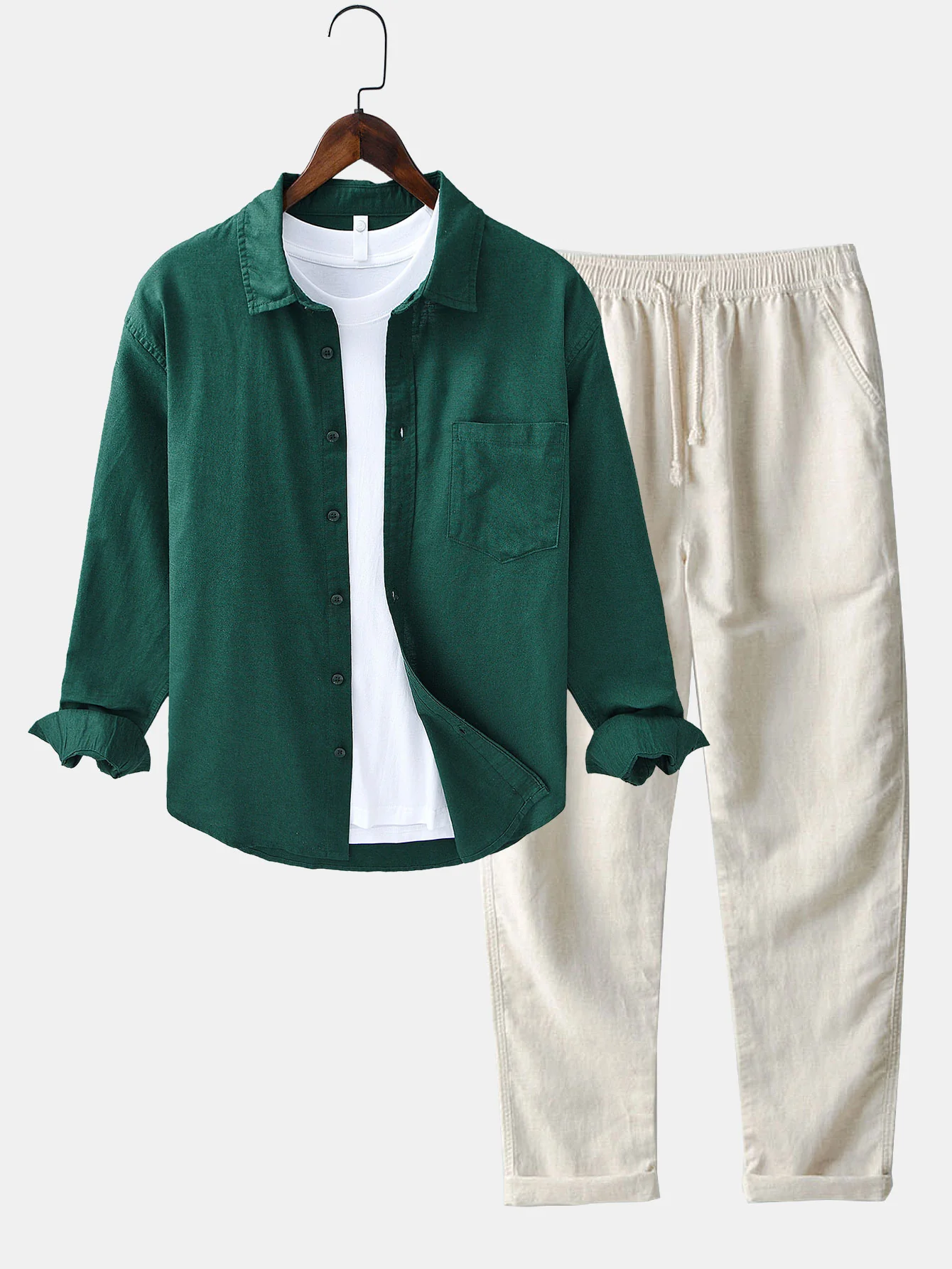 Langärmliges Leinen-Baumwollhemd mit Tasche & Leinenhose mit geradem Bein - Image 10