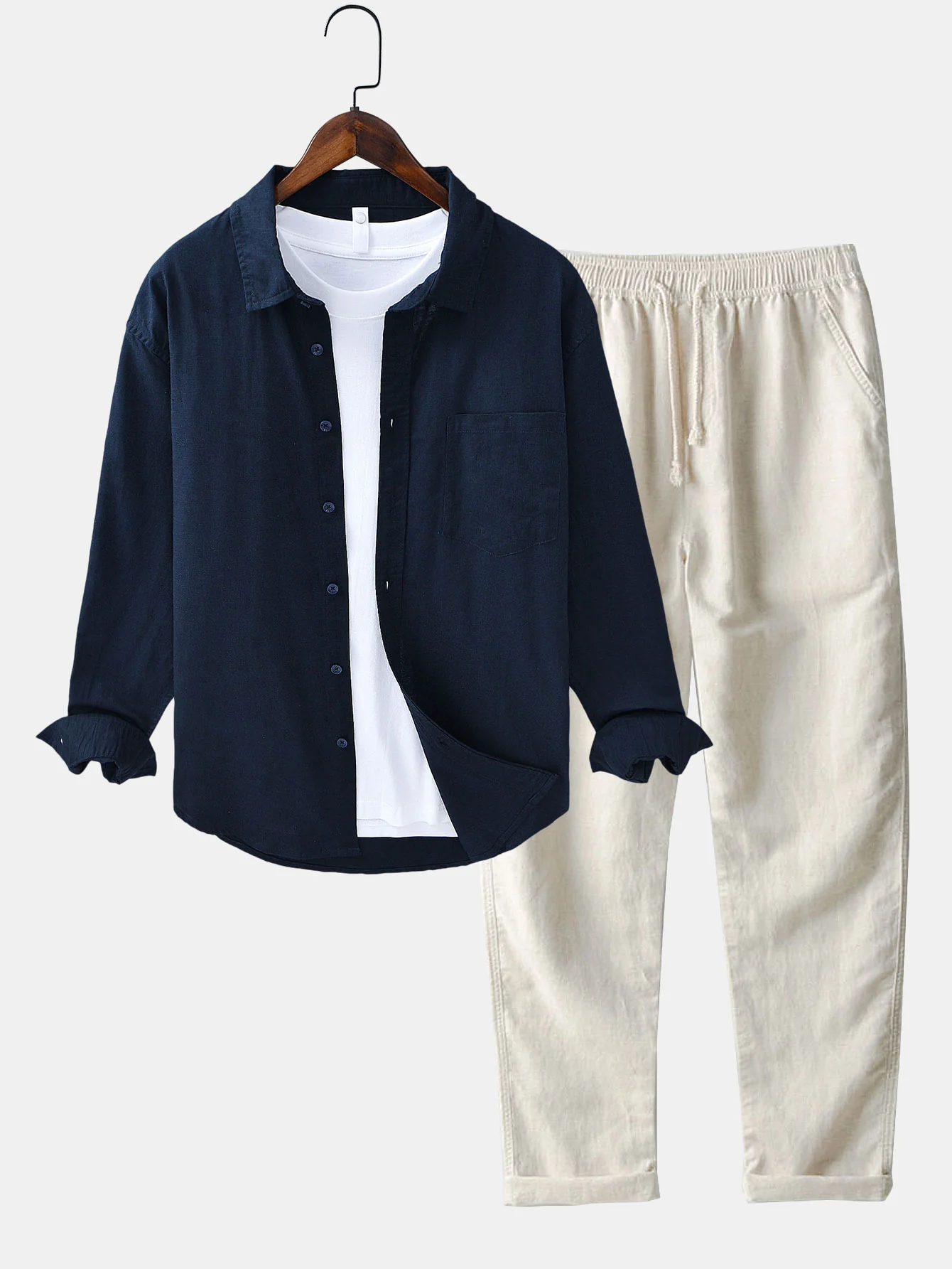 Langärmliges Leinen-Baumwollhemd mit Tasche & Leinenhose mit geradem Bein - Image 2