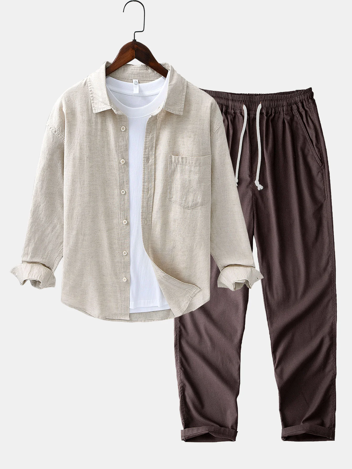 Langärmliges Leinen-Baumwollhemd mit Tasche & Leinenhose mit geradem Bein - Image 3