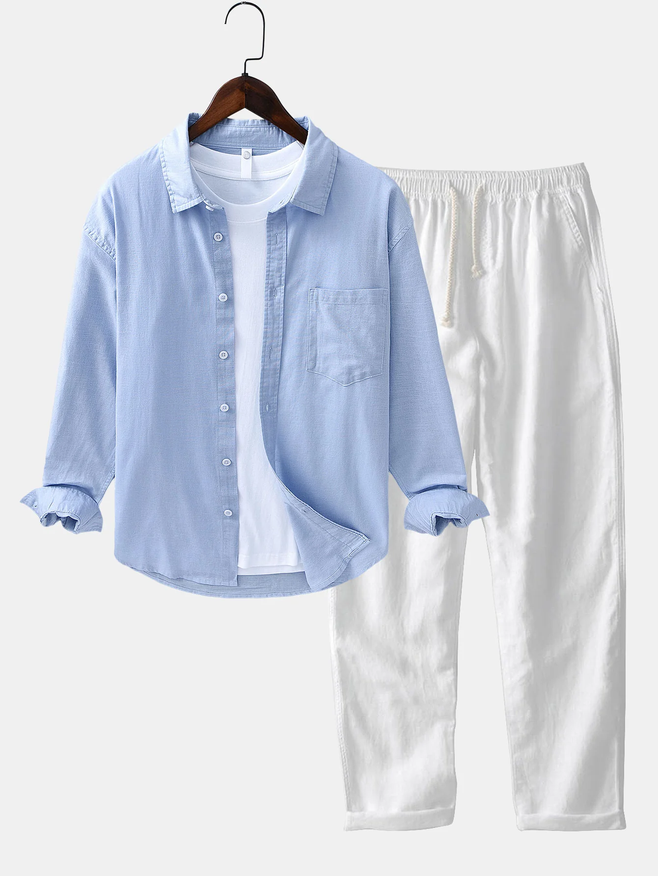 Langärmliges Leinen-Baumwollhemd mit Tasche & Leinenhose mit geradem Bein - Image 4