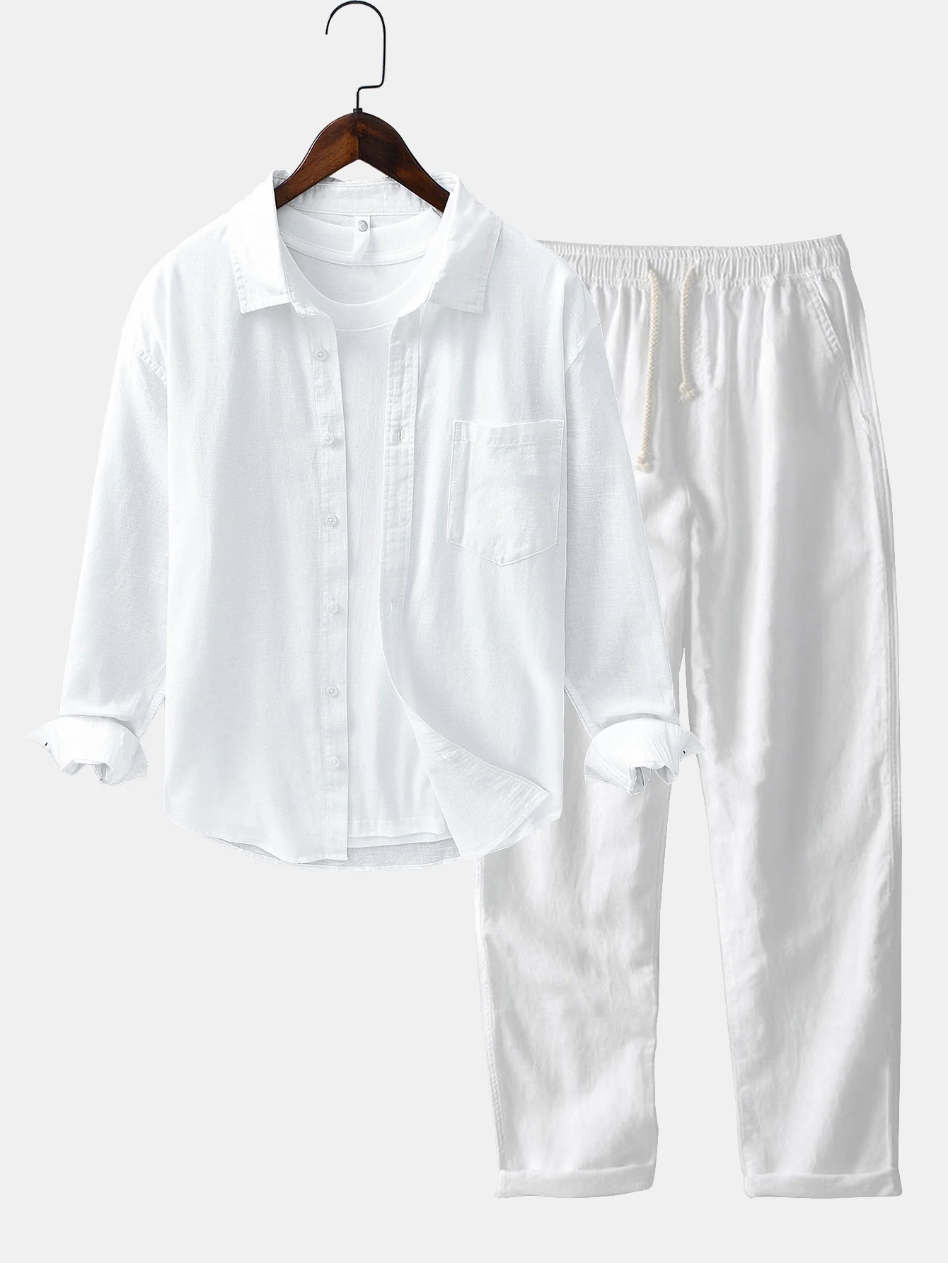 Langärmliges Leinen-Baumwollhemd mit Tasche & Leinenhose mit geradem Bein - Image 5