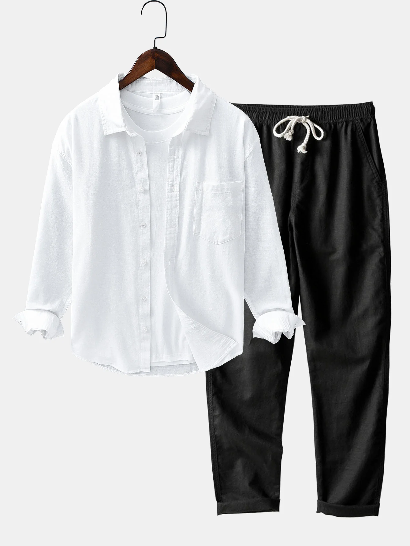 Langärmliges Leinen-Baumwollhemd mit Tasche & Leinenhose mit geradem Bein - Image 6