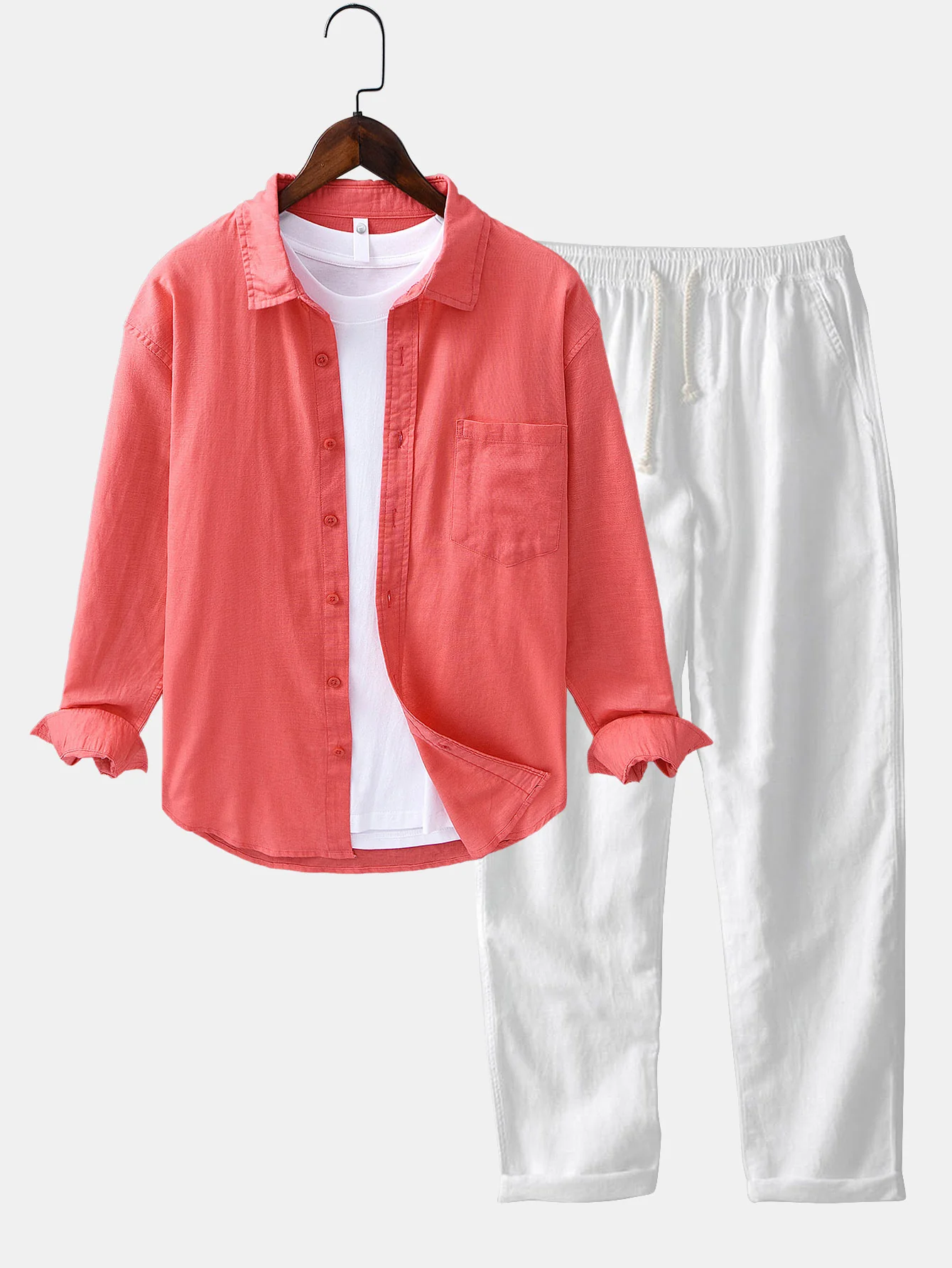 Langärmliges Leinen-Baumwollhemd mit Tasche & Leinenhose mit geradem Bein - Image 7