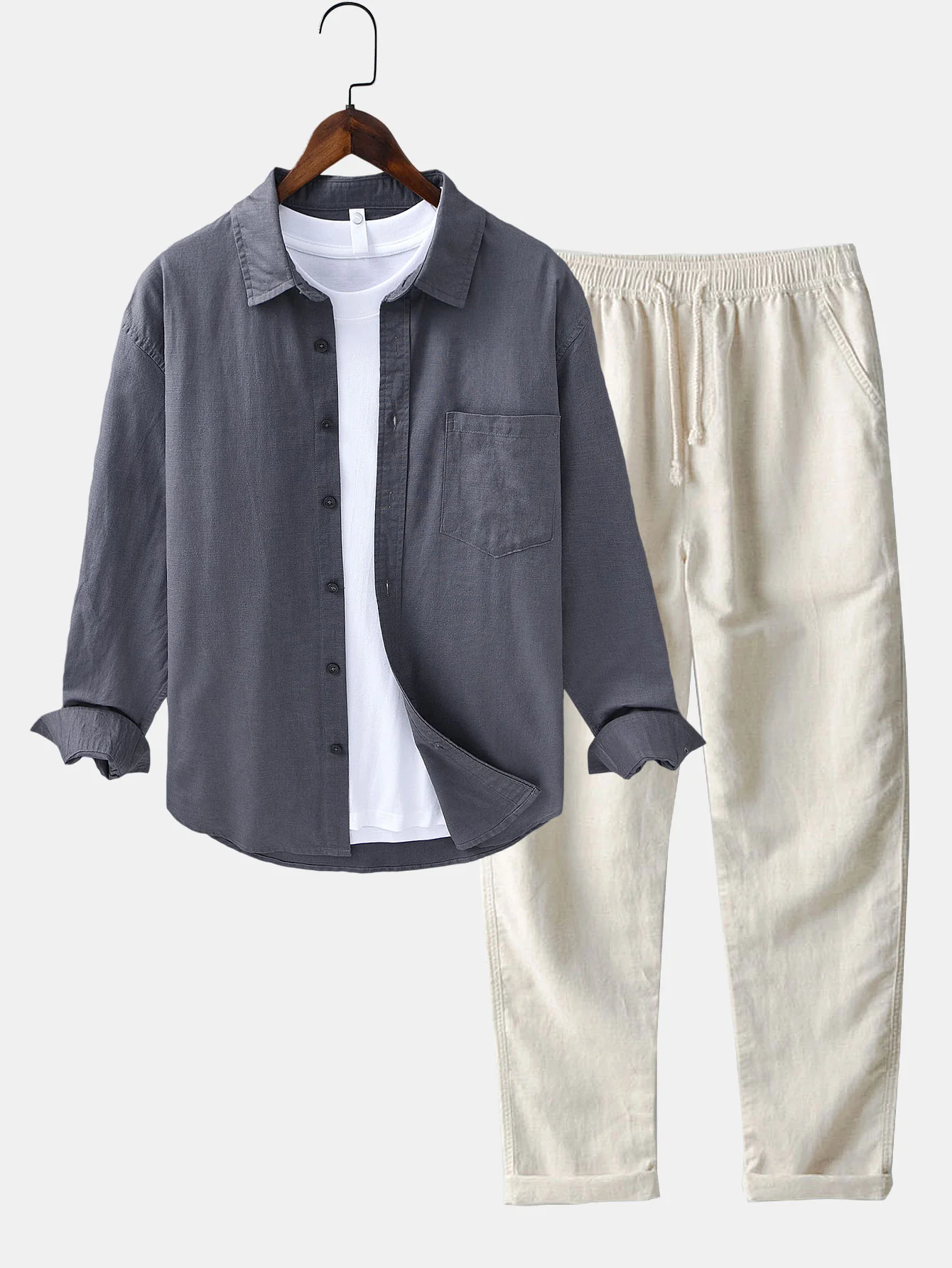 Langärmliges Leinen-Baumwollhemd mit Tasche & Leinenhose mit geradem Bein - Image 8