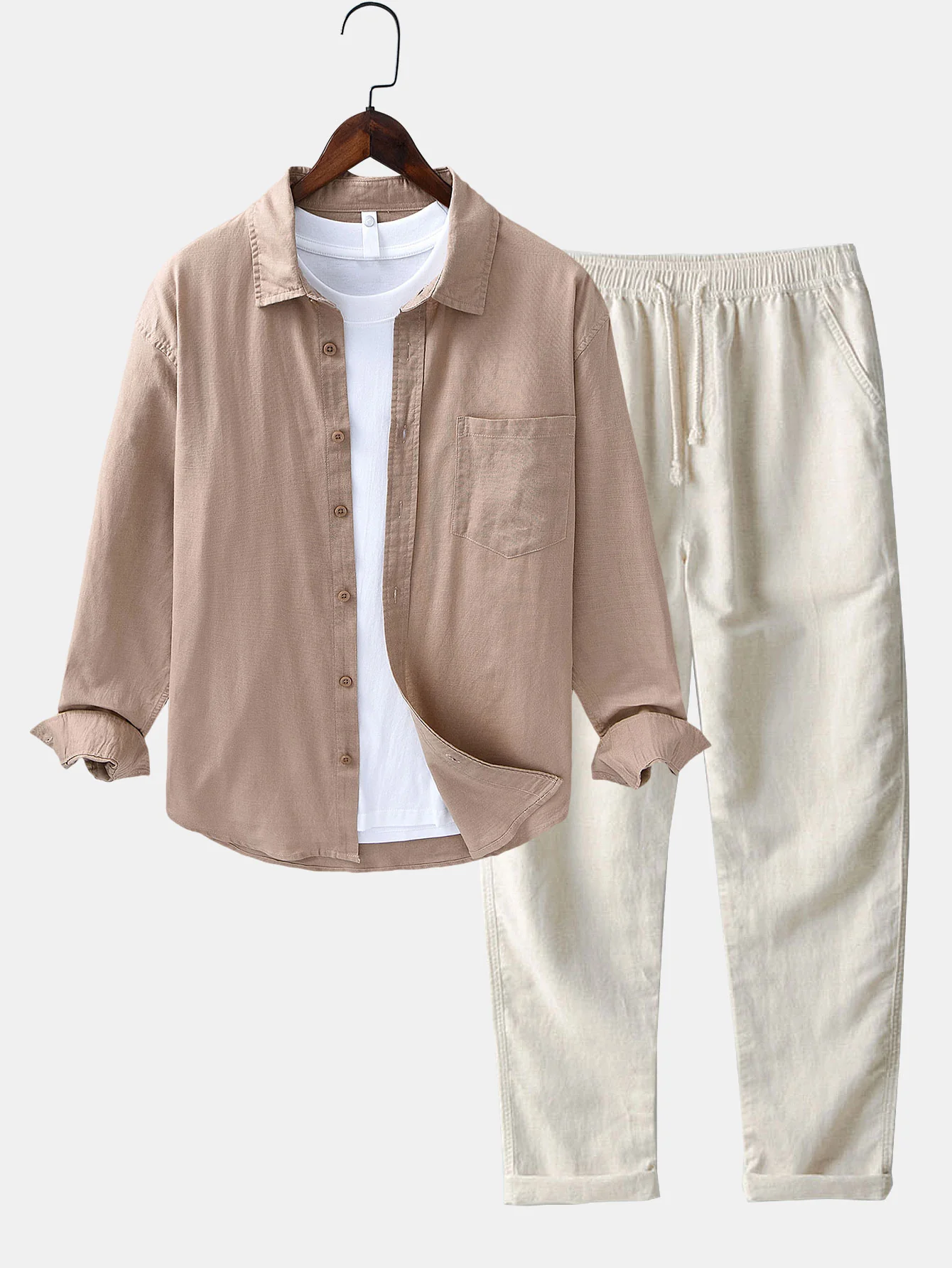Langärmliges Leinen-Baumwollhemd mit Tasche & Leinenhose mit geradem Bein - Image 9
