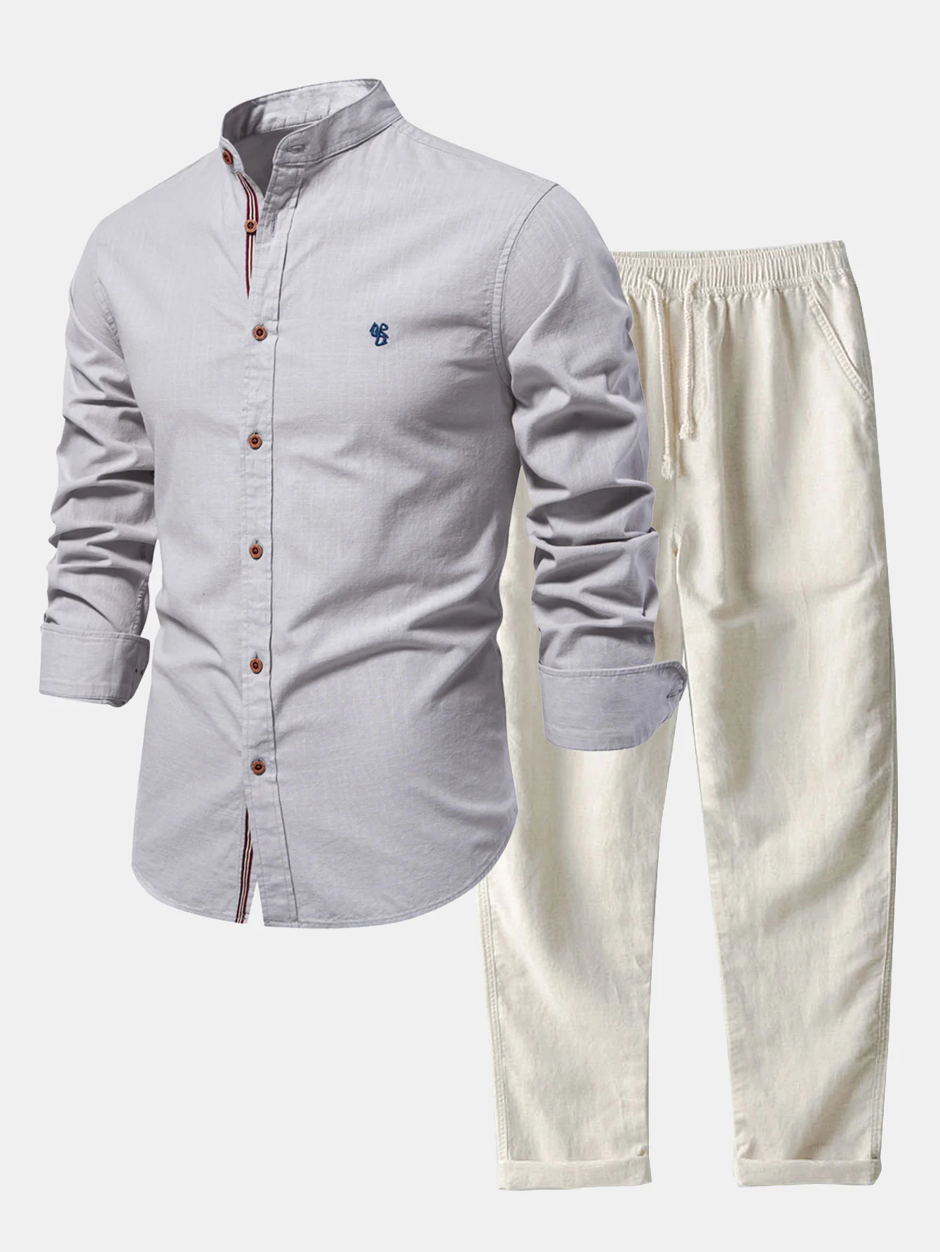 Langarm Leinenoptik Stehkragen Hemd & Leinenhose mit geradem Bein - Image 7