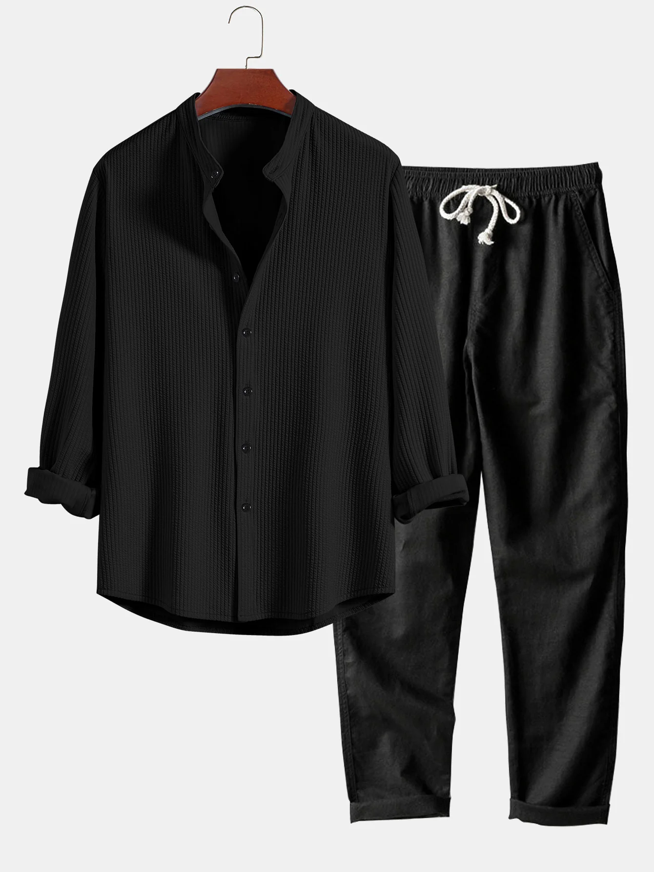 Langarm-Muskelfit-Rippkragenhemd & gerade Leinenhose - Image 2