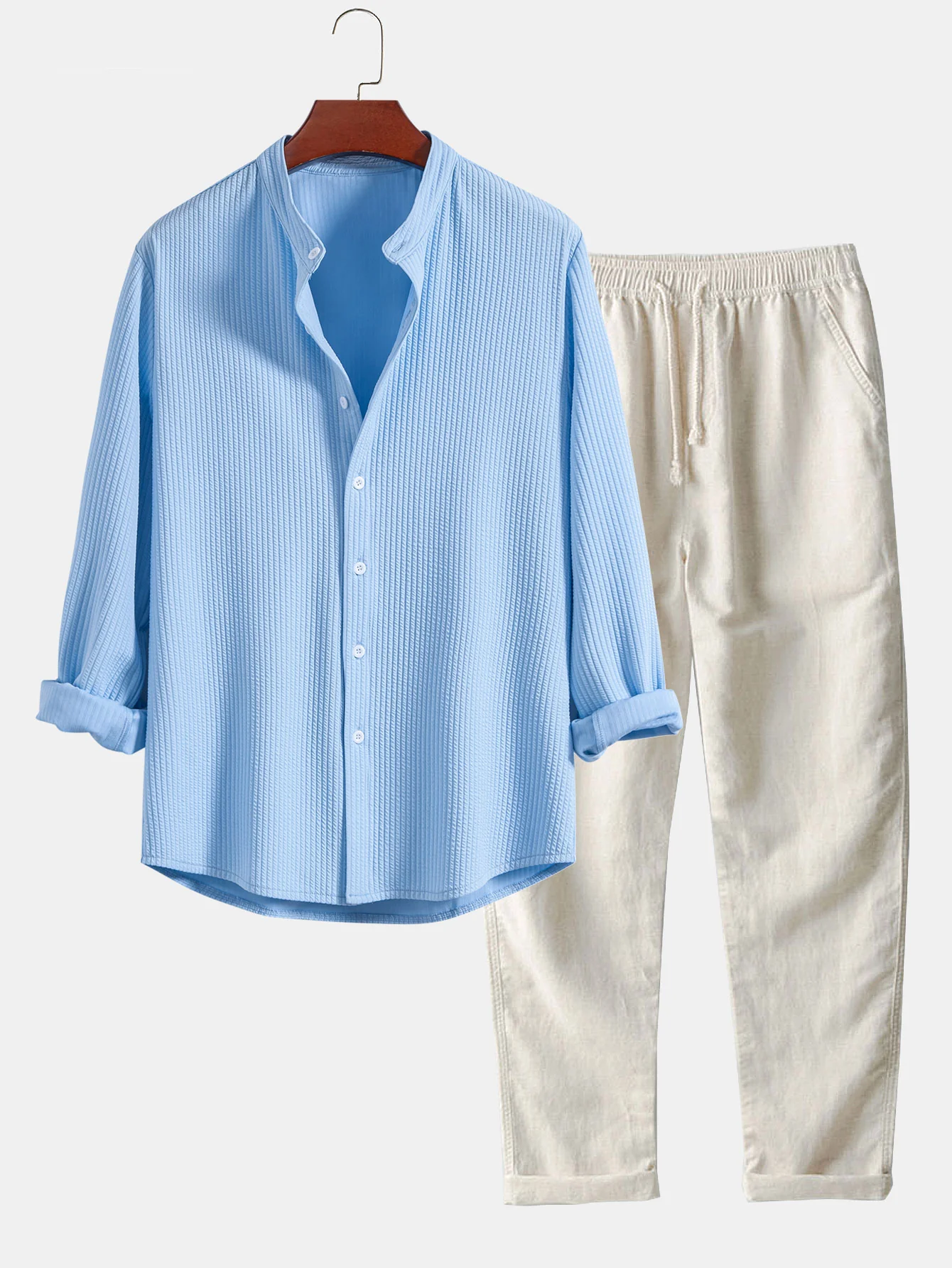 Langarm-Muskelfit-Rippkragenhemd & gerade Leinenhose - Image 3
