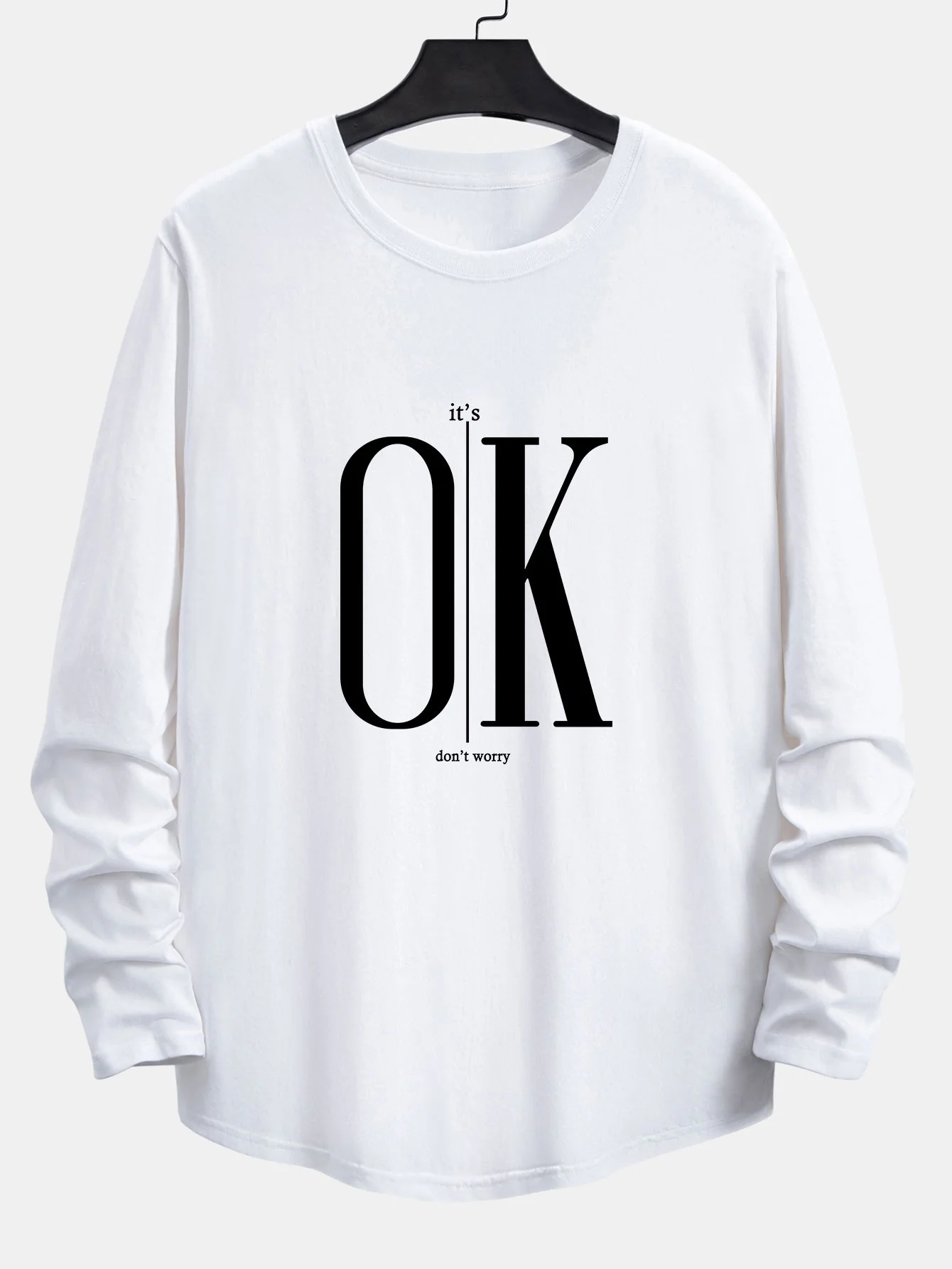 Langarm OK Slogan Druck Baumwolle Bogen Saum T-Shirt - Image 3