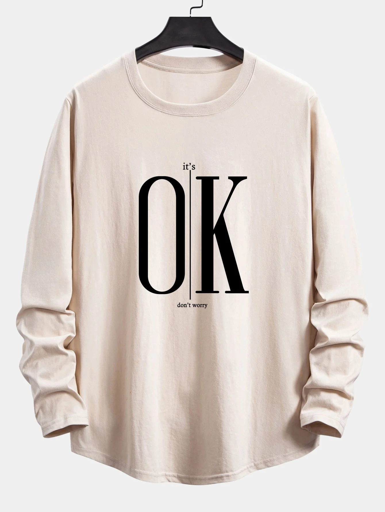 Langarm OK Slogan Druck Baumwolle Bogen Saum T-Shirt - Image 5