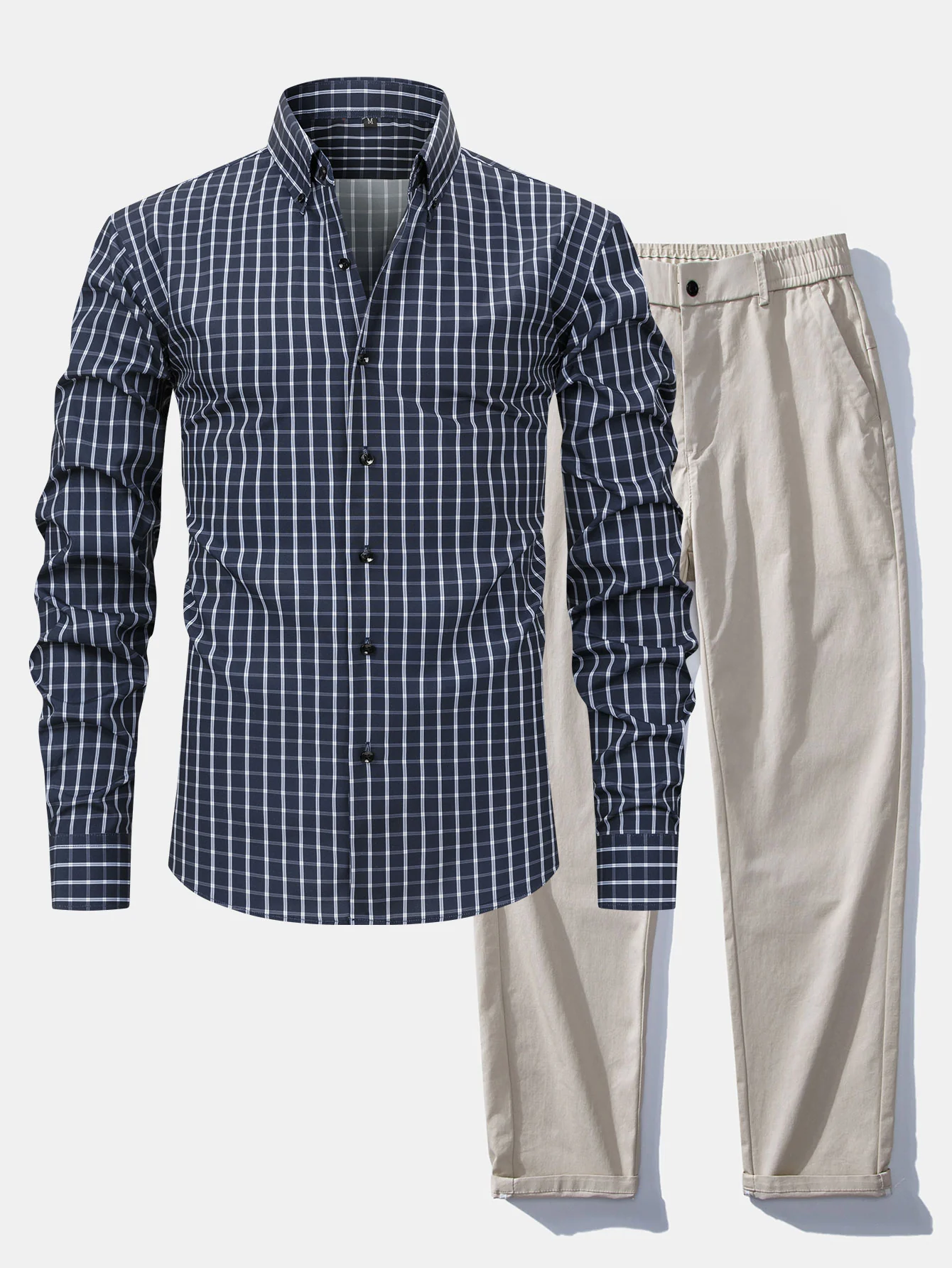 Langarm Karo Hemd mit Knöpfen & Elastische Taille Gerade Bein Hose