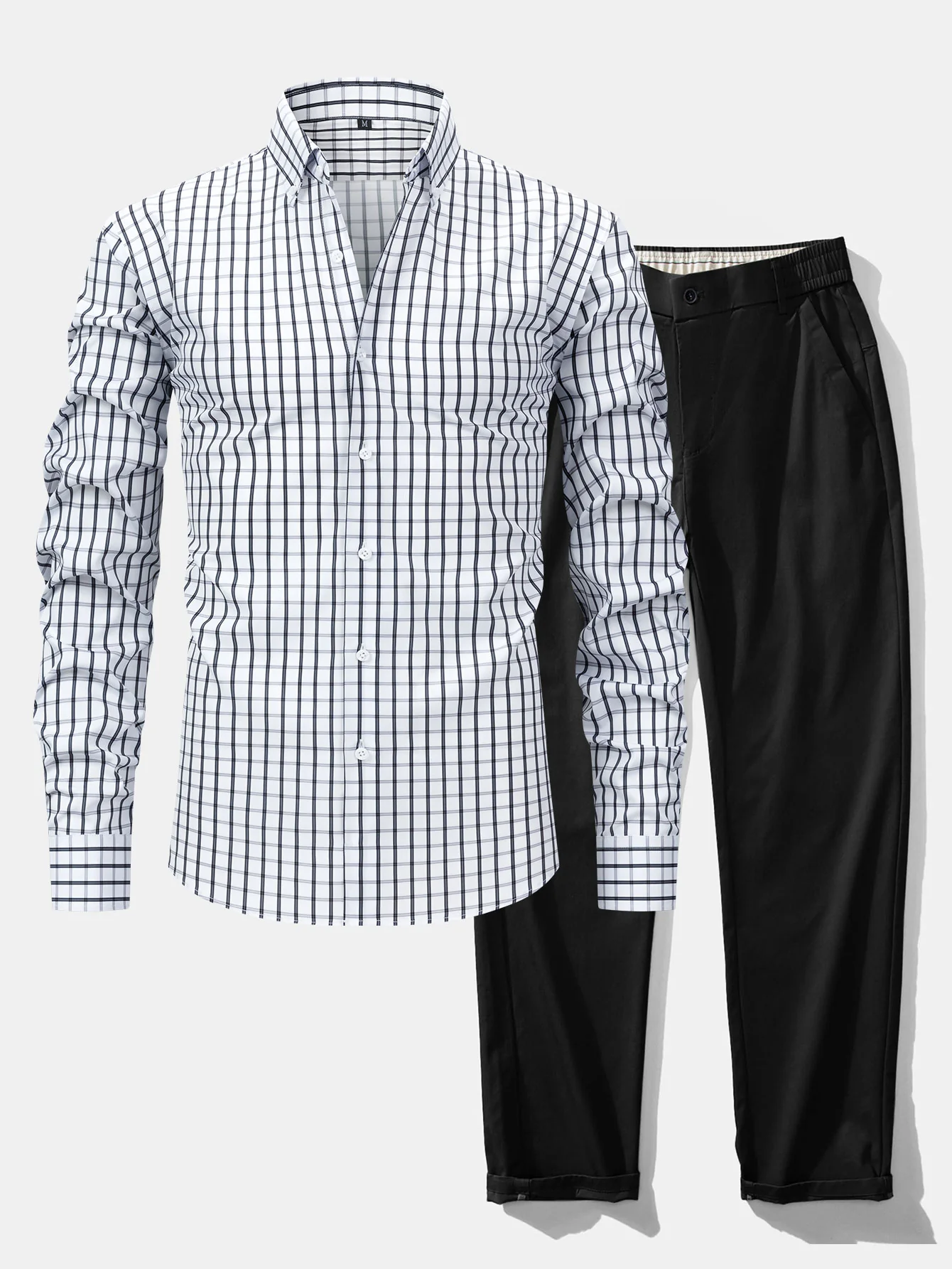 Langarm Karo Hemd mit Knöpfen & Elastische Taille Gerade Bein Hose - Image 2