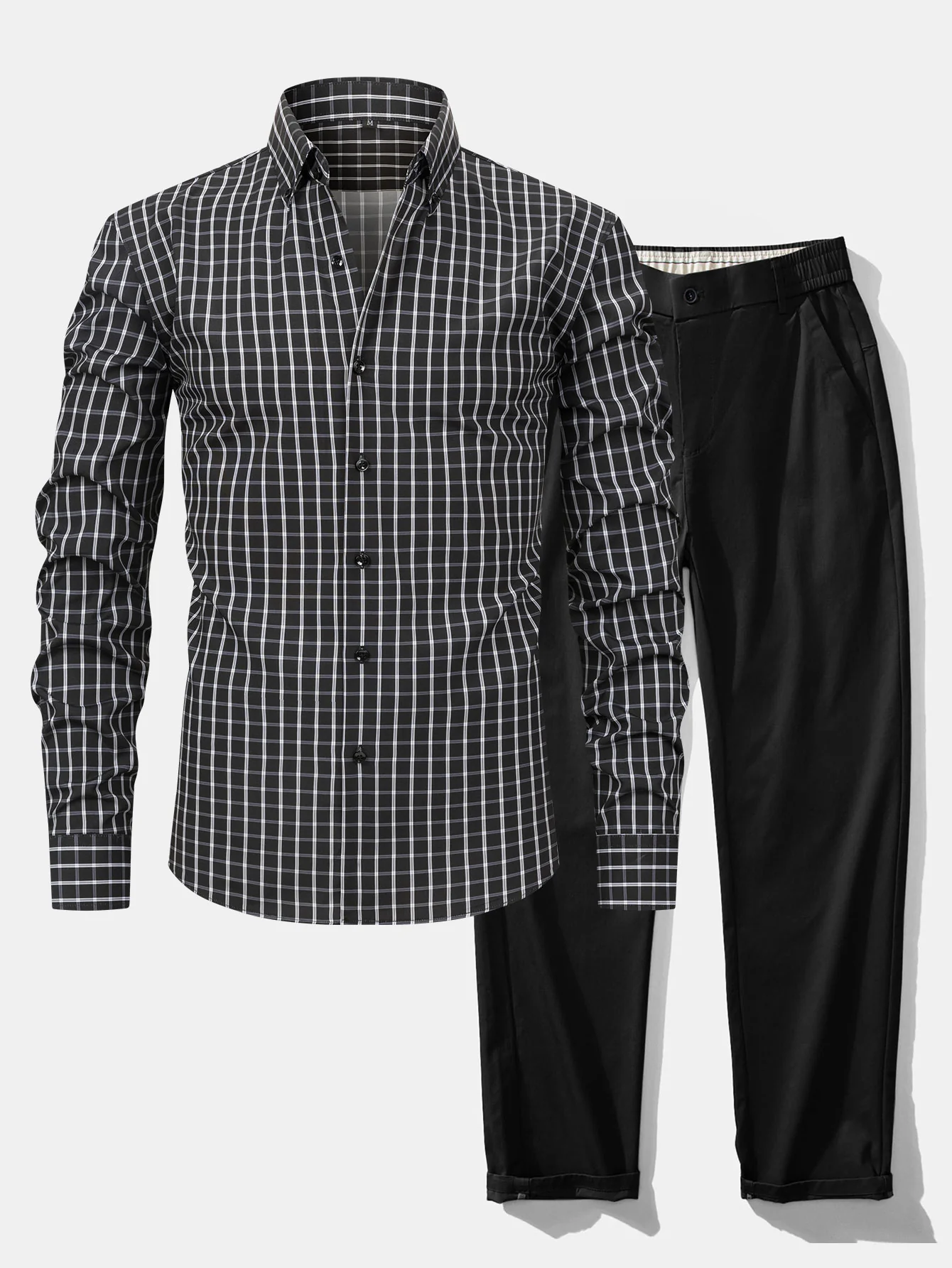 Langarm Karo Hemd mit Knöpfen & Elastische Taille Gerade Bein Hose - Image 3