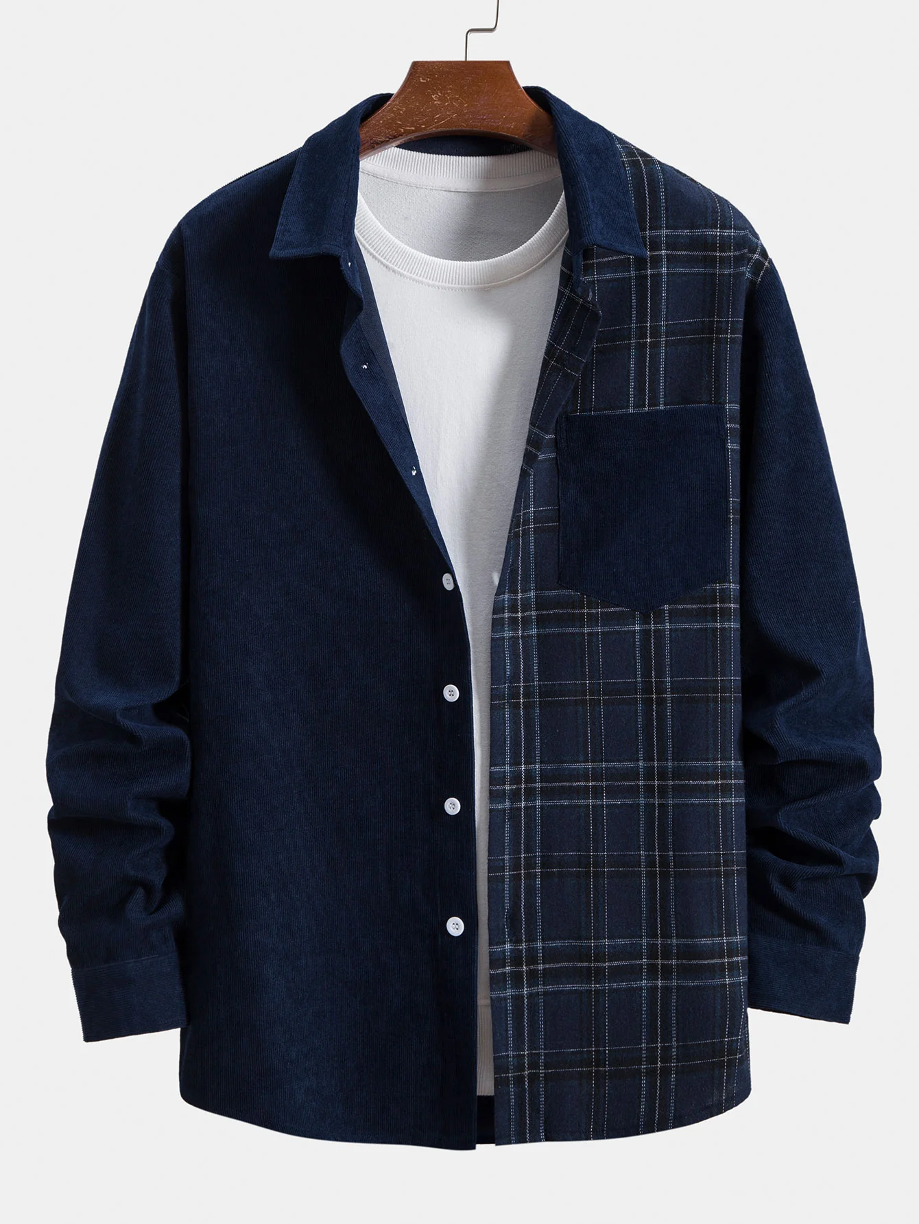 Langarm Karo Corduroy Patchwork Hemd - Image 3