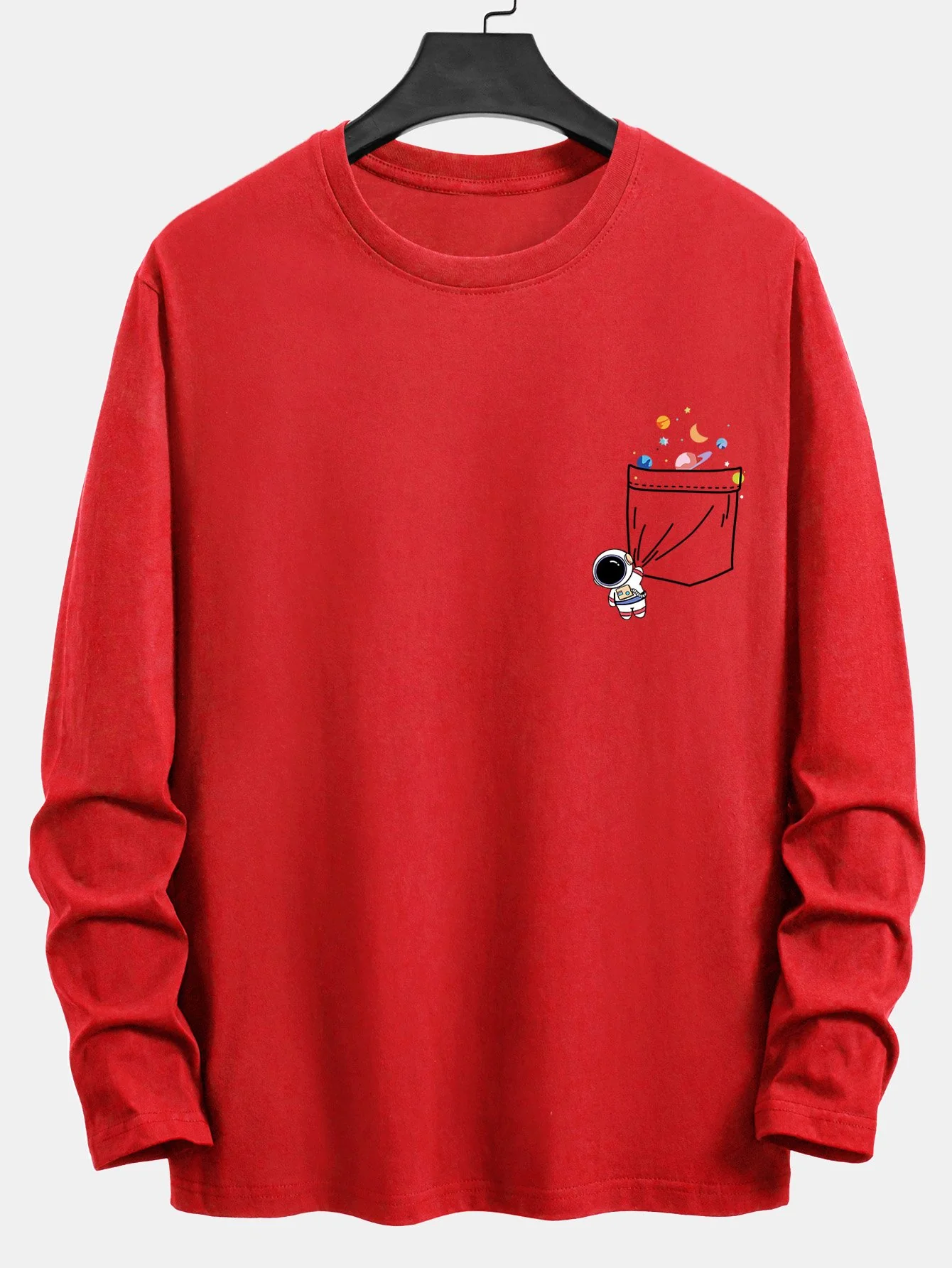 Langarm-T-Shirt mit Taschen-Planet-Astronauten-Druck aus Baumwolle - Image 11