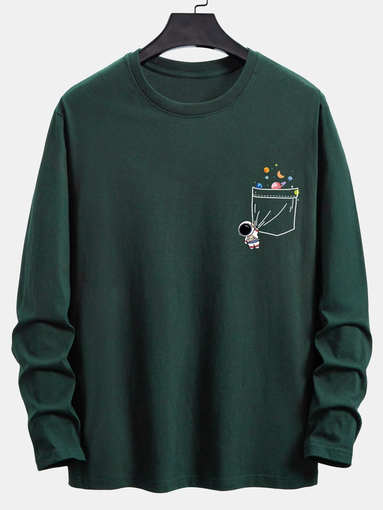 Langarm-T-Shirt mit Taschen-Planet-Astronauten-Druck aus Baumwolle - Image 4