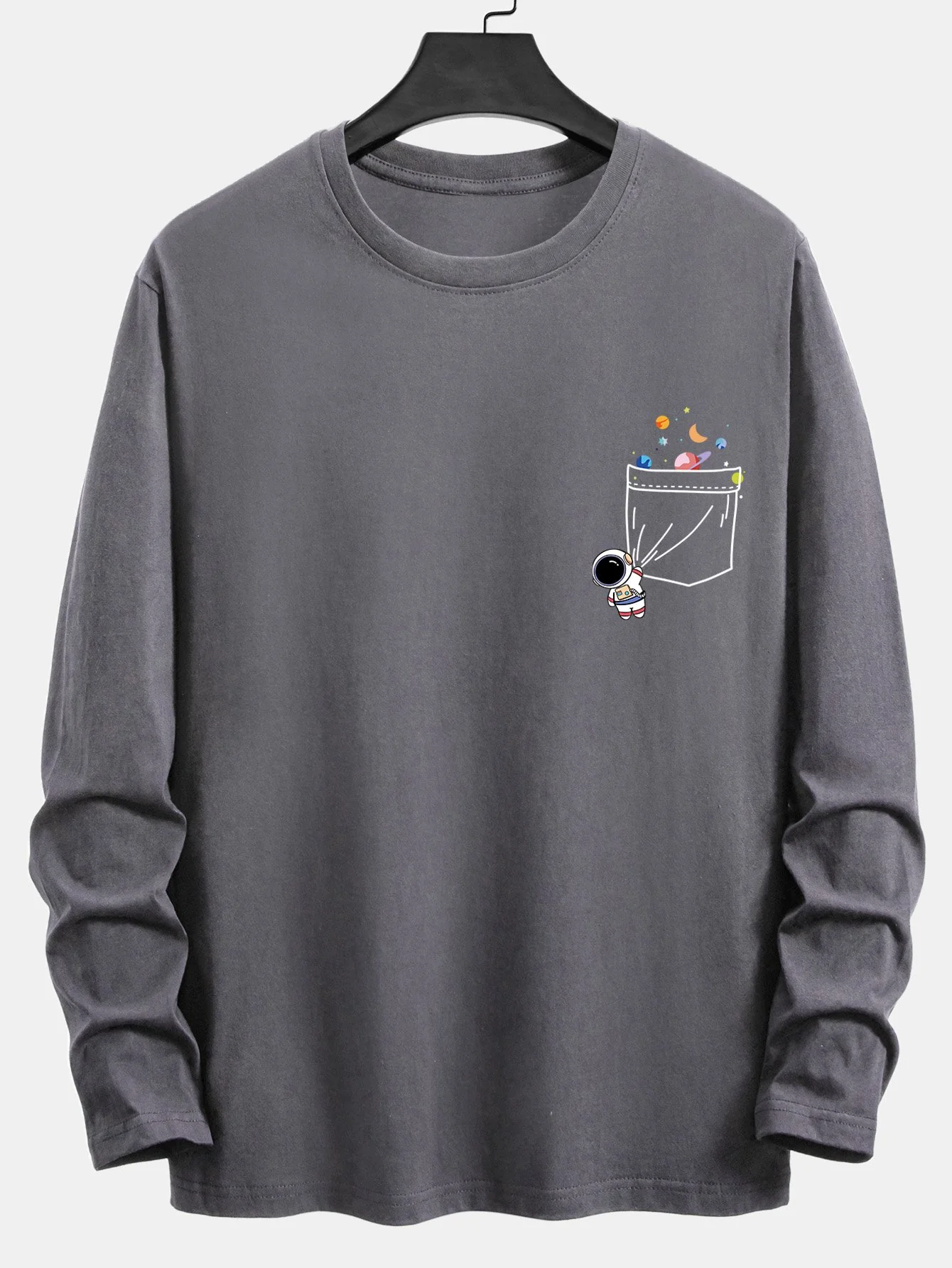 Langarm-T-Shirt mit Taschen-Planet-Astronauten-Druck aus Baumwolle - Image 5