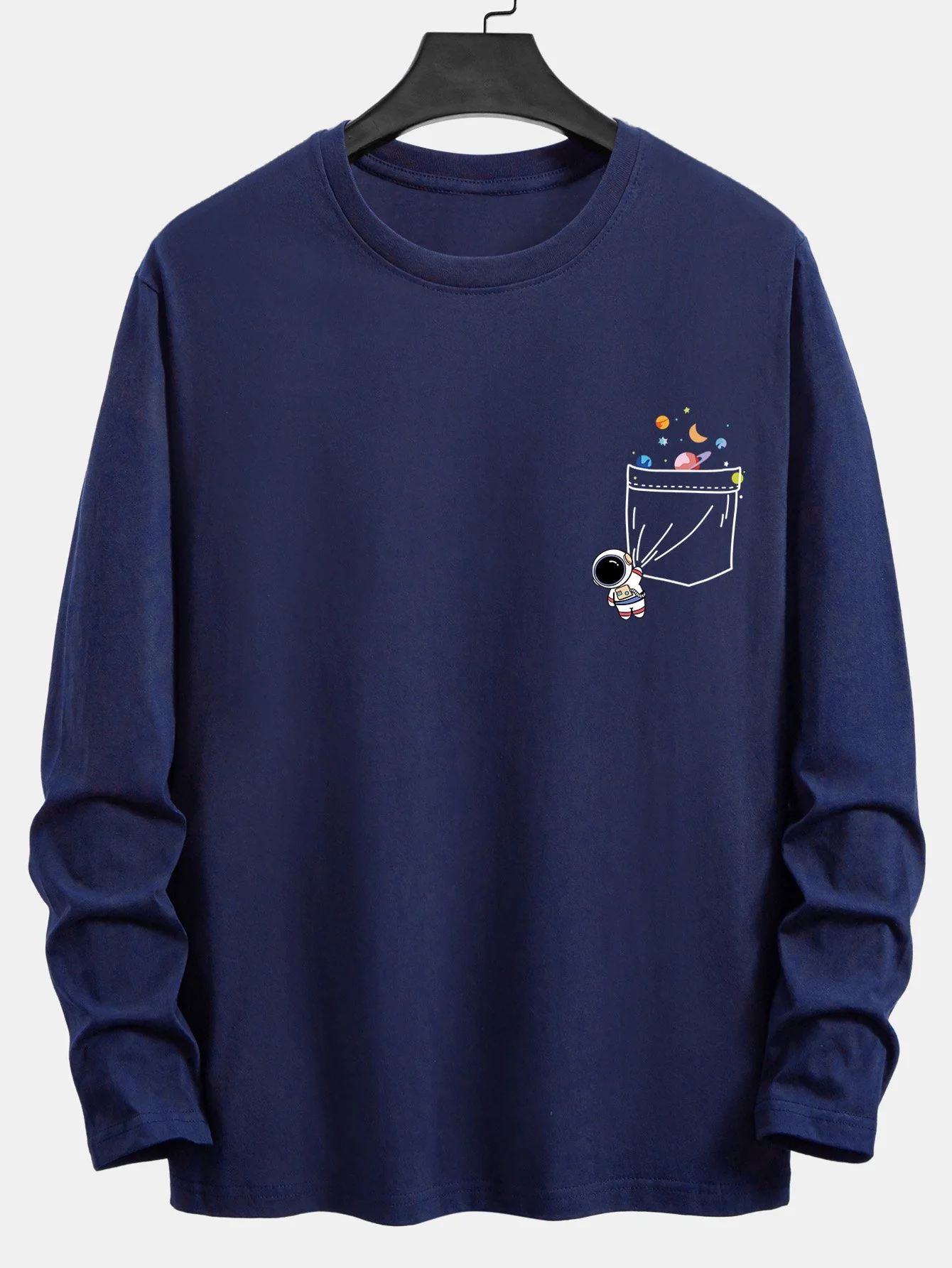Langarm-T-Shirt mit Taschen-Planet-Astronauten-Druck aus Baumwolle - Image 6