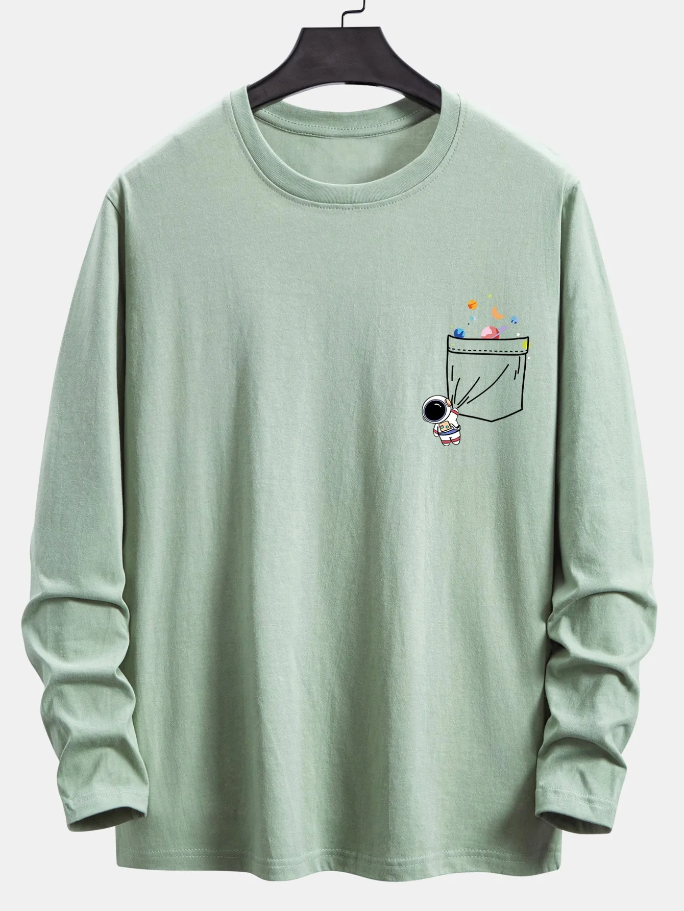 Langarm-T-Shirt mit Taschen-Planet-Astronauten-Druck aus Baumwolle - Image 9