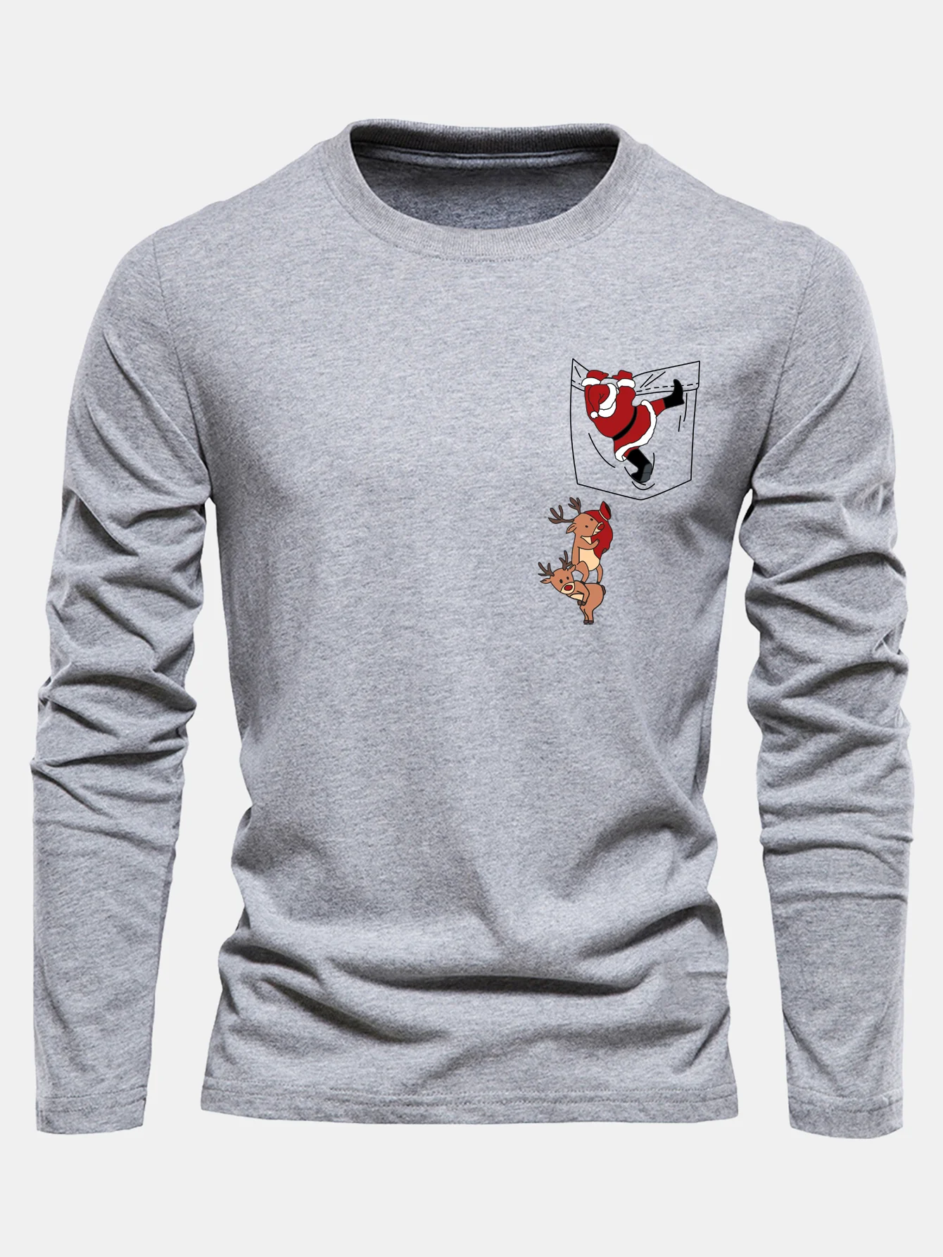 Long Sleeve Pocket Santa Print Cotton T-Shirt - Image 10