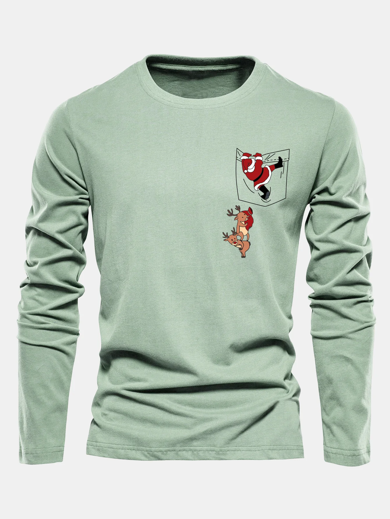 Long Sleeve Pocket Santa Print Cotton T-Shirt - Image 11