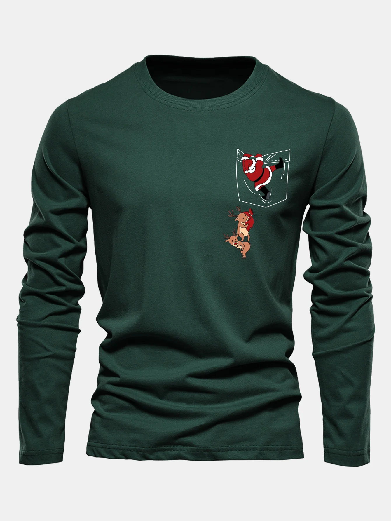Long Sleeve Pocket Santa Print Cotton T-Shirt - Image 2