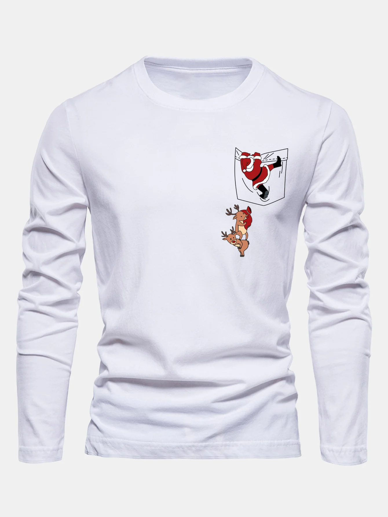 Long Sleeve Pocket Santa Print Cotton T-Shirt - Image 3