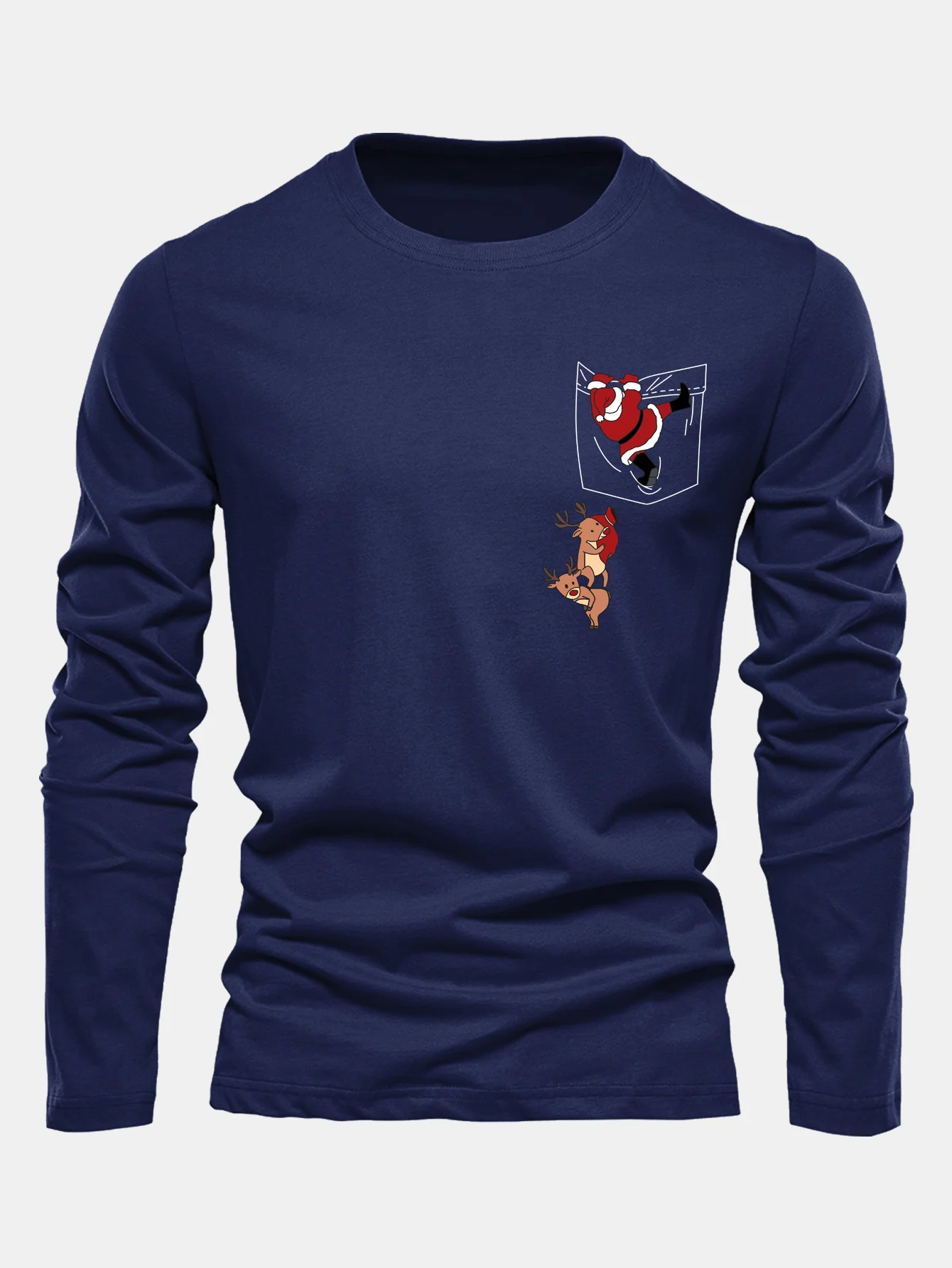 Long Sleeve Pocket Santa Print Cotton T-Shirt - Image 4