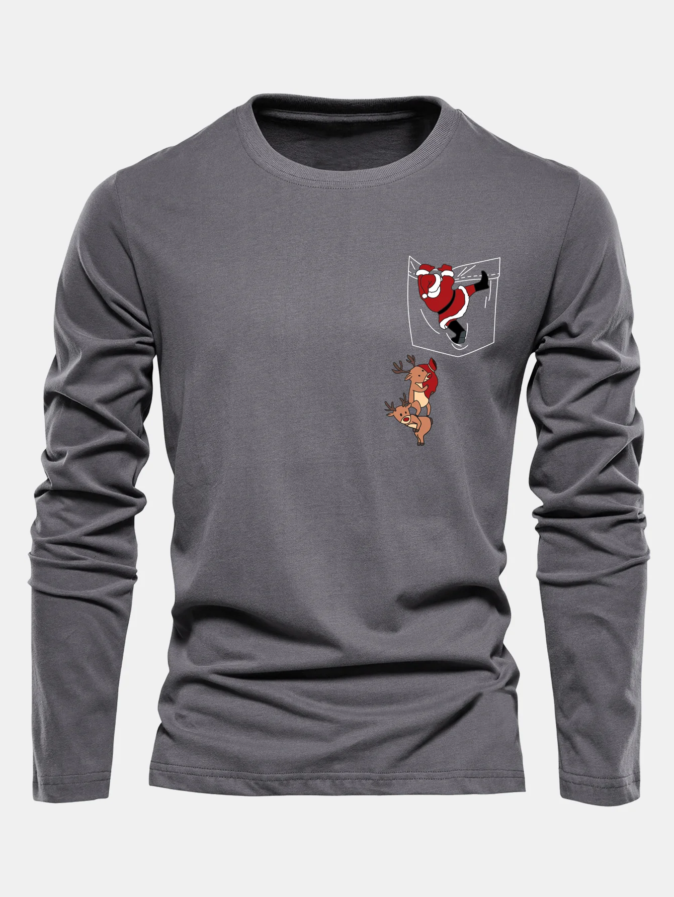Long Sleeve Pocket Santa Print Cotton T-Shirt - Image 5