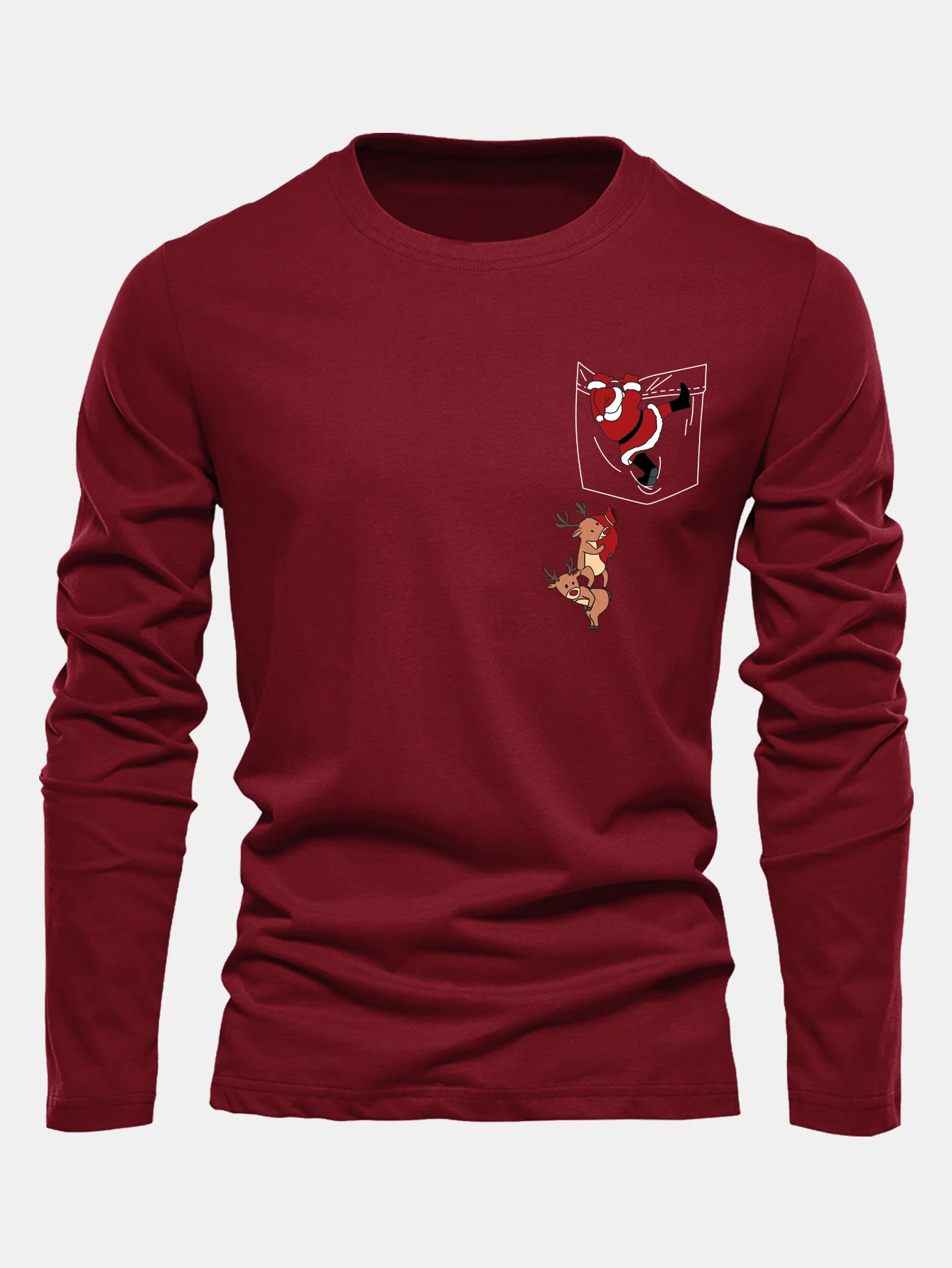 Long Sleeve Pocket Santa Print Cotton T-Shirt - Image 6