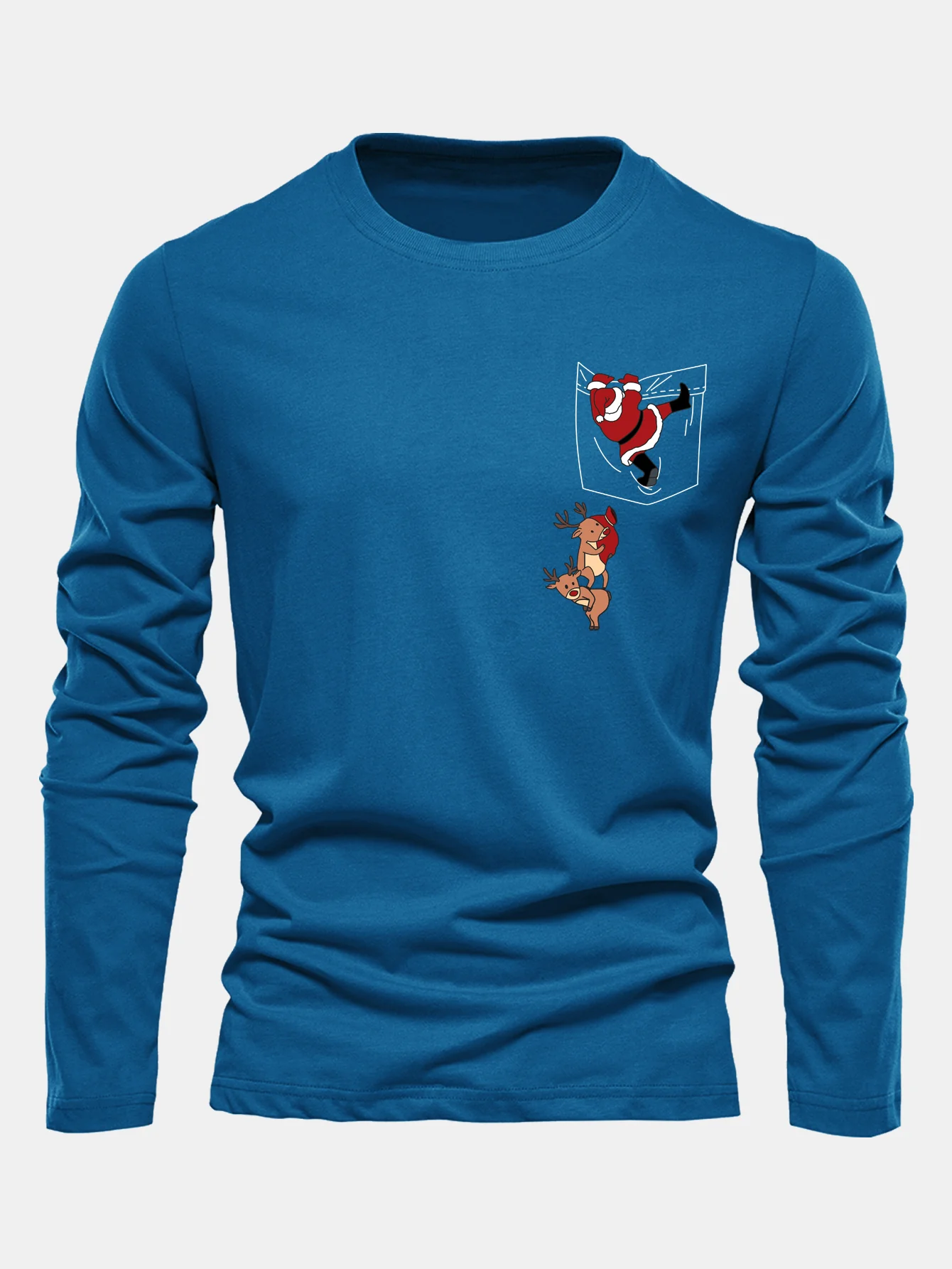 Long Sleeve Pocket Santa Print Cotton T-Shirt - Image 8