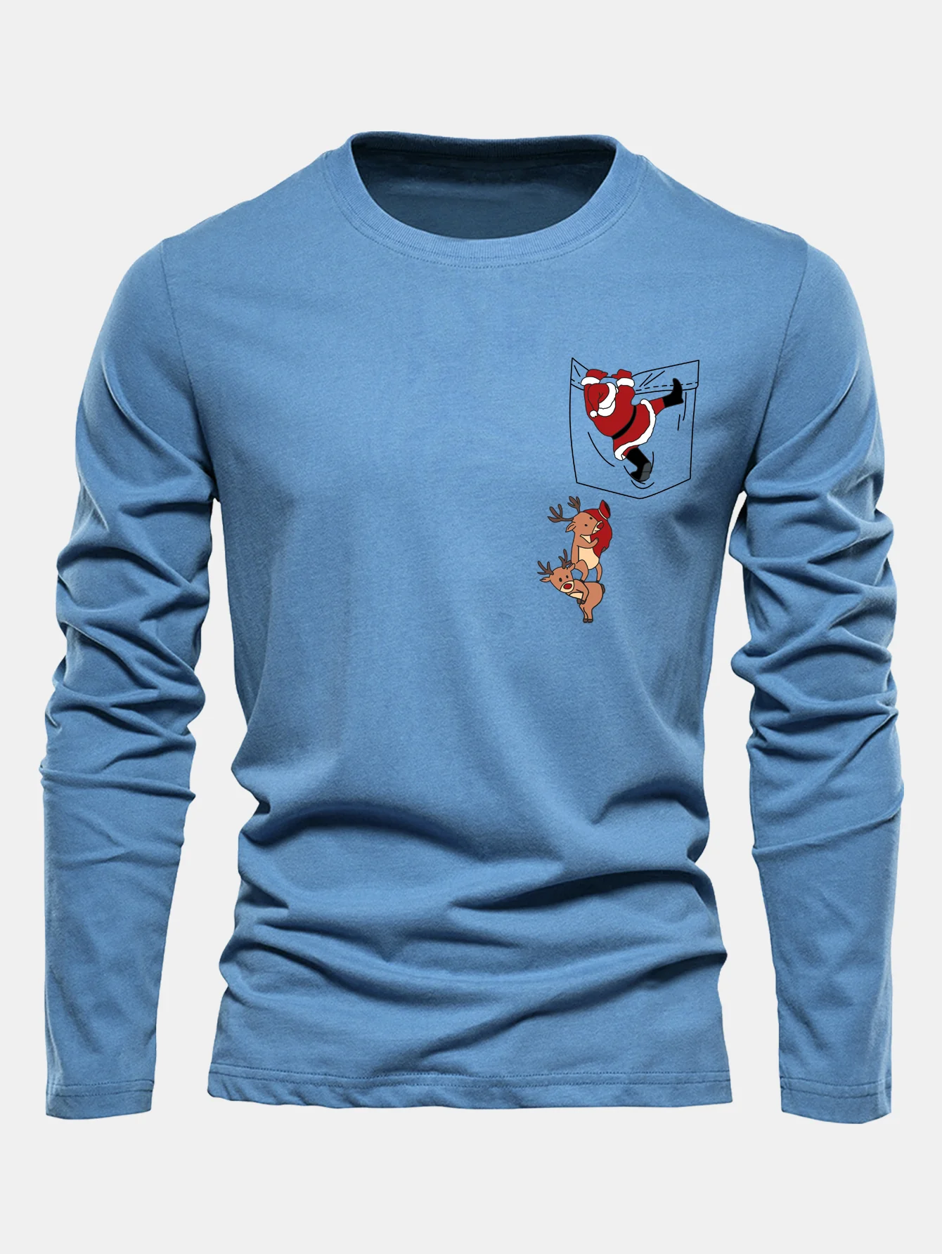 Long Sleeve Pocket Santa Print Cotton T-Shirt - Image 9