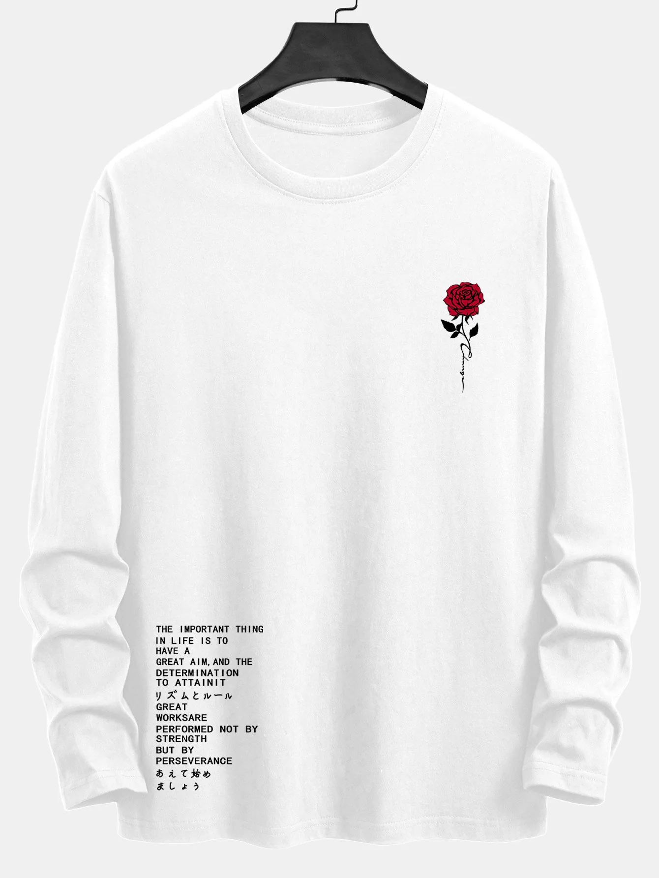 Langarm-Slogan-Rosenprint-Baumwoll-T-Shirt - Image 3