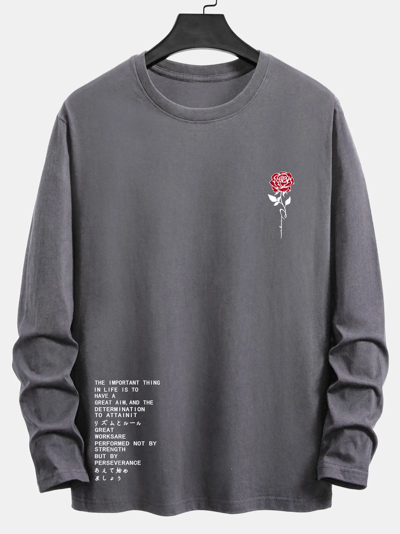 Langarm-Slogan-Rosenprint-Baumwoll-T-Shirt - Image 4