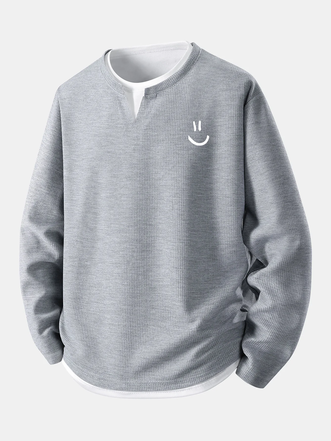 Long Sleeve Smiley Face Print 2 In 1 Waffle T-Shirt - Image 2