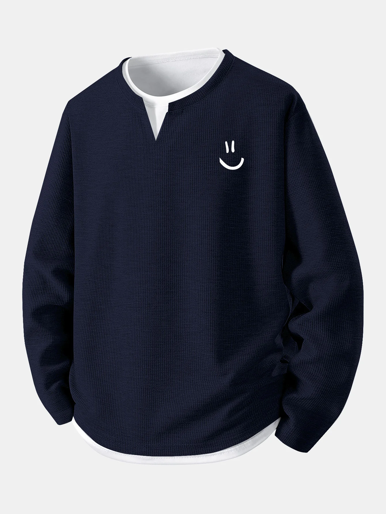 Long Sleeve Smiley Face Print 2 In 1 Waffle T-Shirt - Image 3