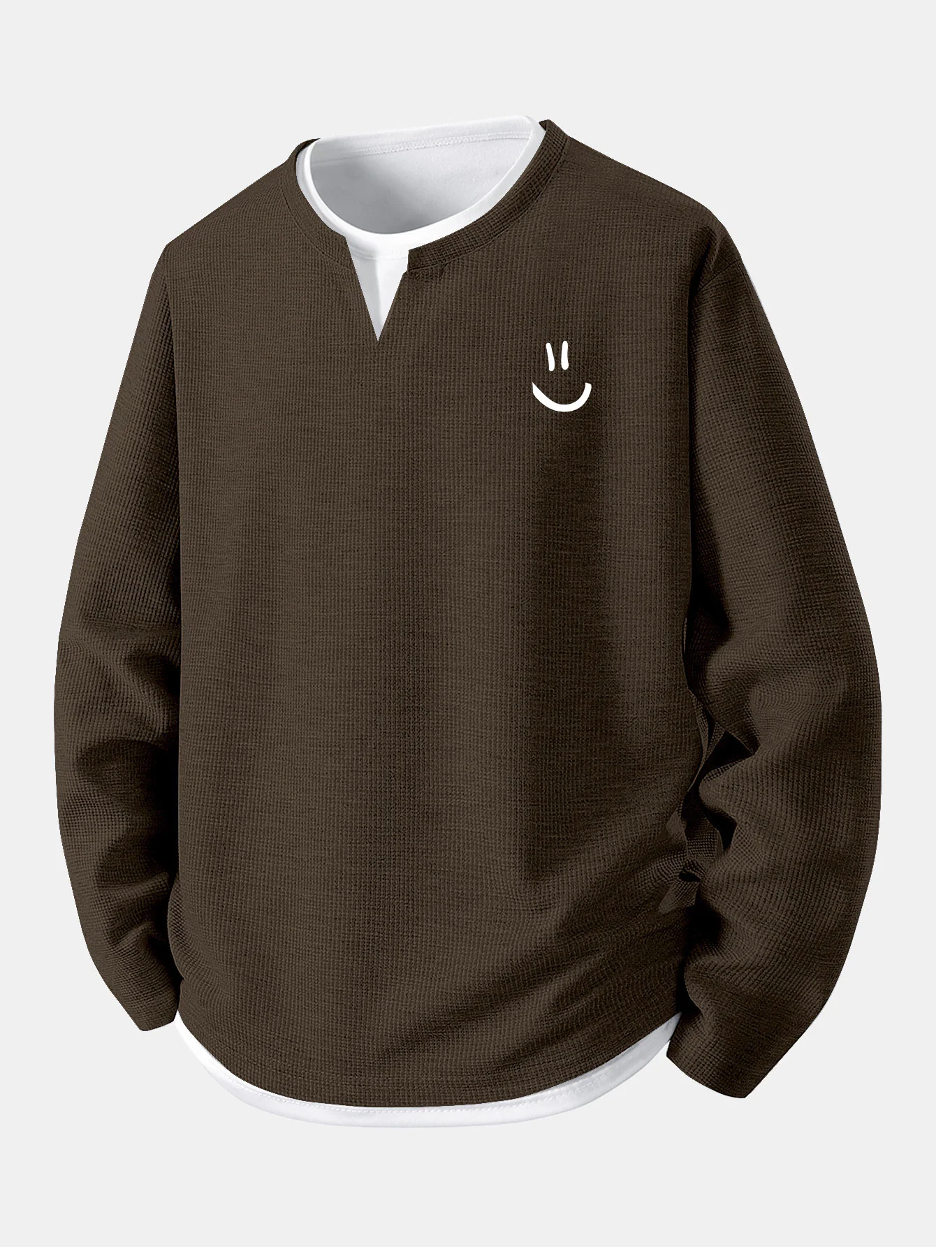 Long Sleeve Smiley Face Print 2 In 1 Waffle T-Shirt - Image 4
